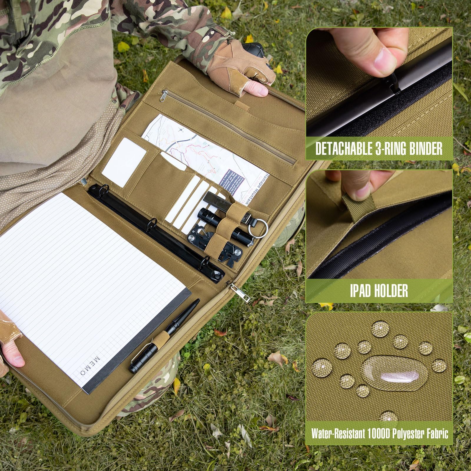 Kosibate Taktische Dokumentenmappe mit Reißverschluss und 25 Blatt Papier im Letter-Format, Notizbuchhülle, taktisches Notizbuch für Ordner, mit herausnehmbarem 3-Ring-Ordner (A4, Khaki, 34 x 29 cm)
