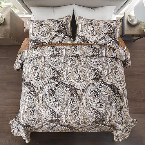 Miniatura 10 de DJY Juego de edredón de cachemira marrón, tamaño Queen, juego de colcha bohemia de 3 piezas, ropa de cama de microfibra suave y ligera con estampado