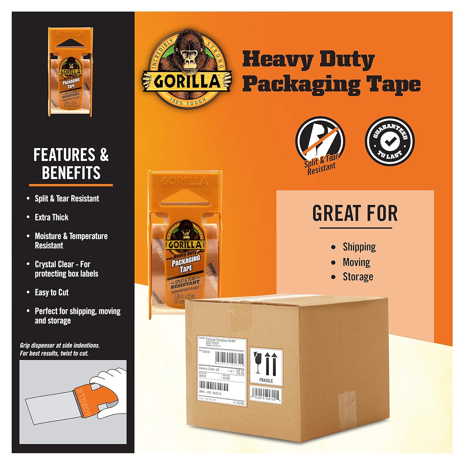 Gorilla Heavy Duty Packing Tape with Dispenser for Moving, Shipping and Storage, 1.88" x 25 yd, Clear, (Pack of 4)