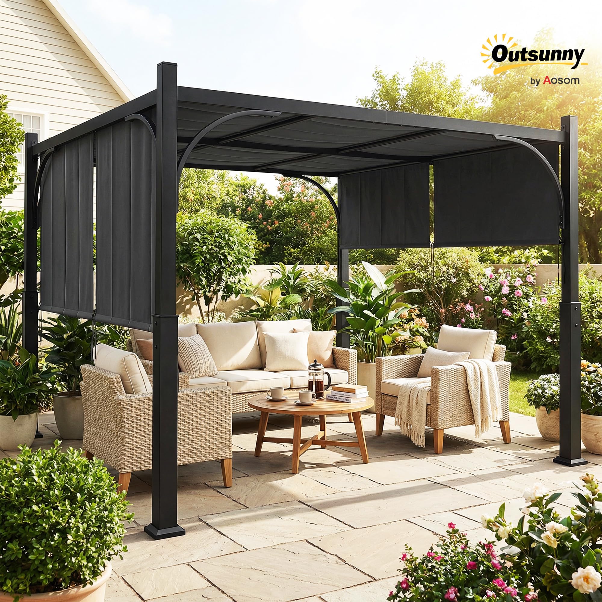 Outsunny - Pergola de jardín, 3 x 3 m, cenador de jardín, con toldo deslizante, estructura metálica, cobertizo solar exterior para terraza o balcón, color gris oscuro