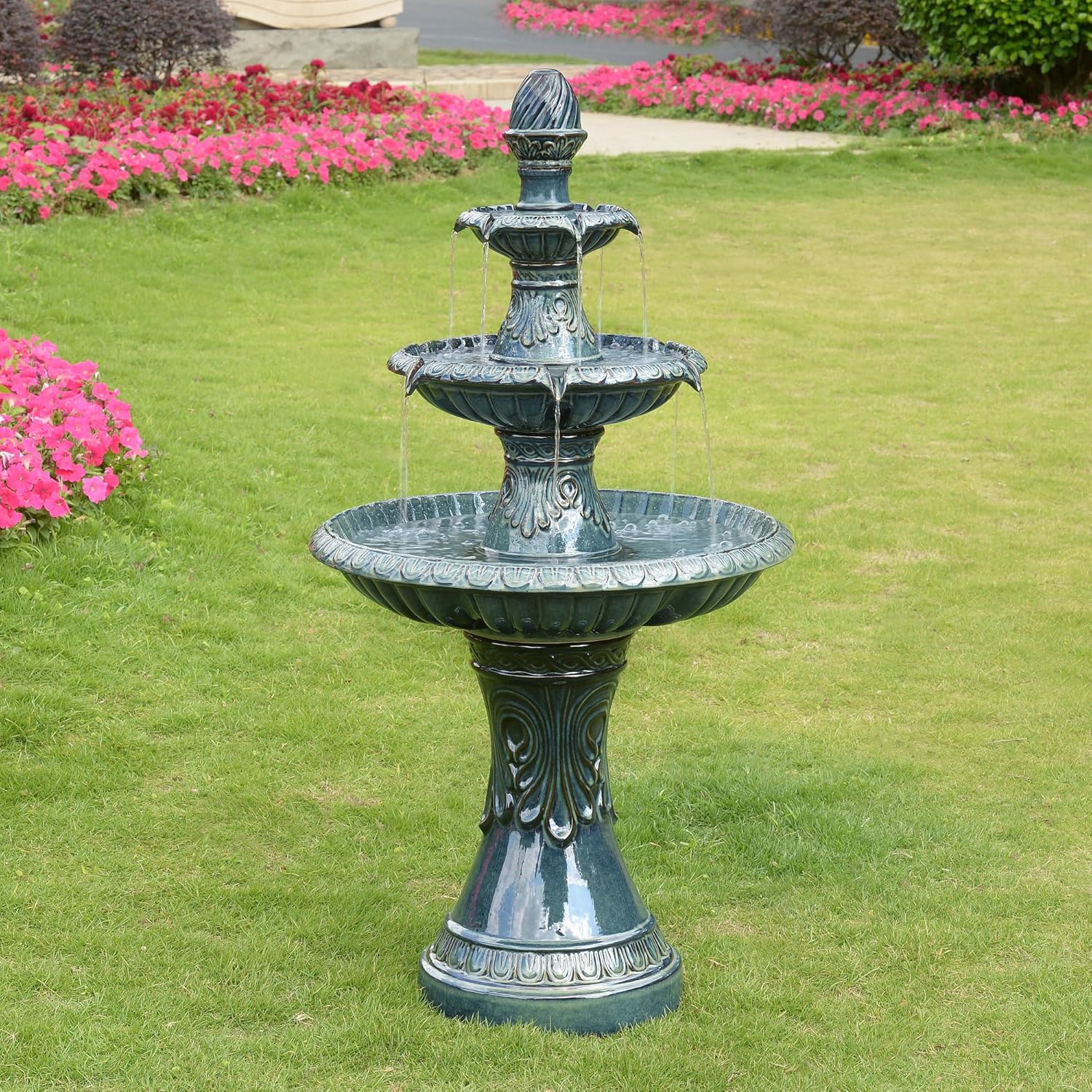 3 Tier Ceramic Fountain - Serene Blue Beauty, No Lights