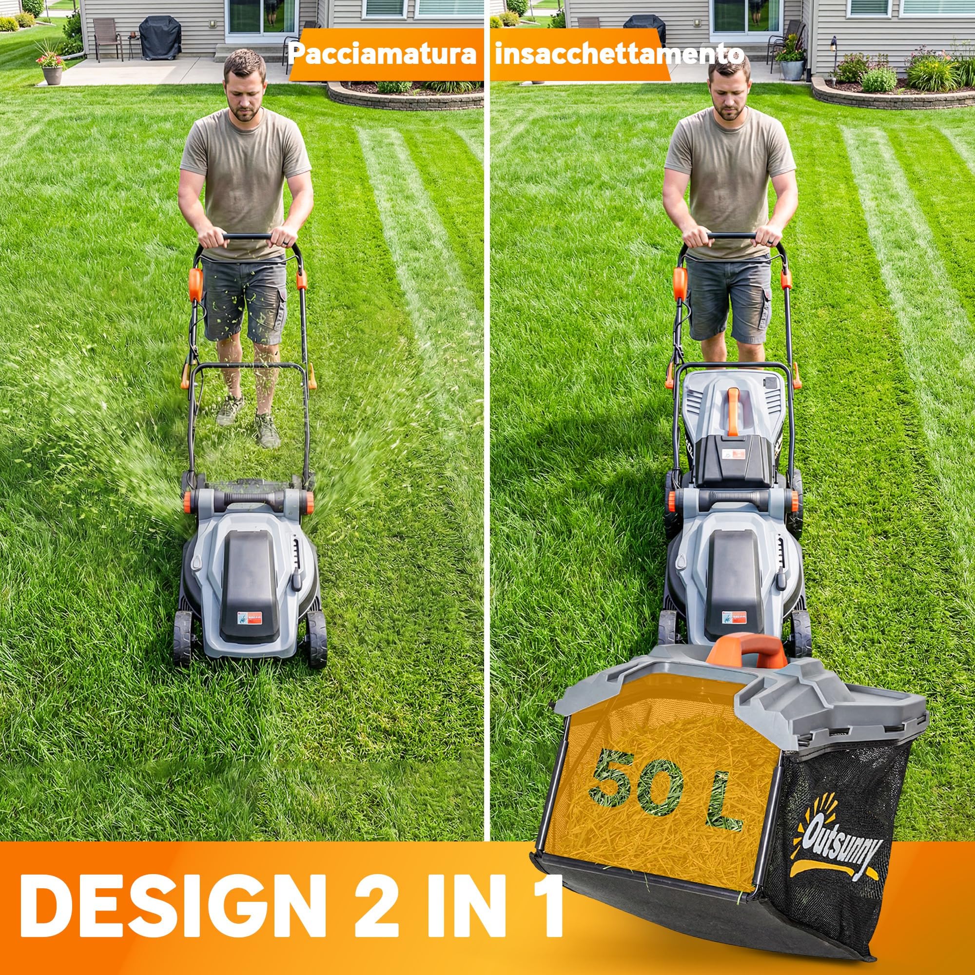 Cortacésped eléctrico Outsunny de 1800 W con anchura de corte de 40 cm, función de mulching y bolsa de 50 l, cortacésped eléctrico con mango desmontable y ajustable, 6 alturas de corte de 25-75 mm,
