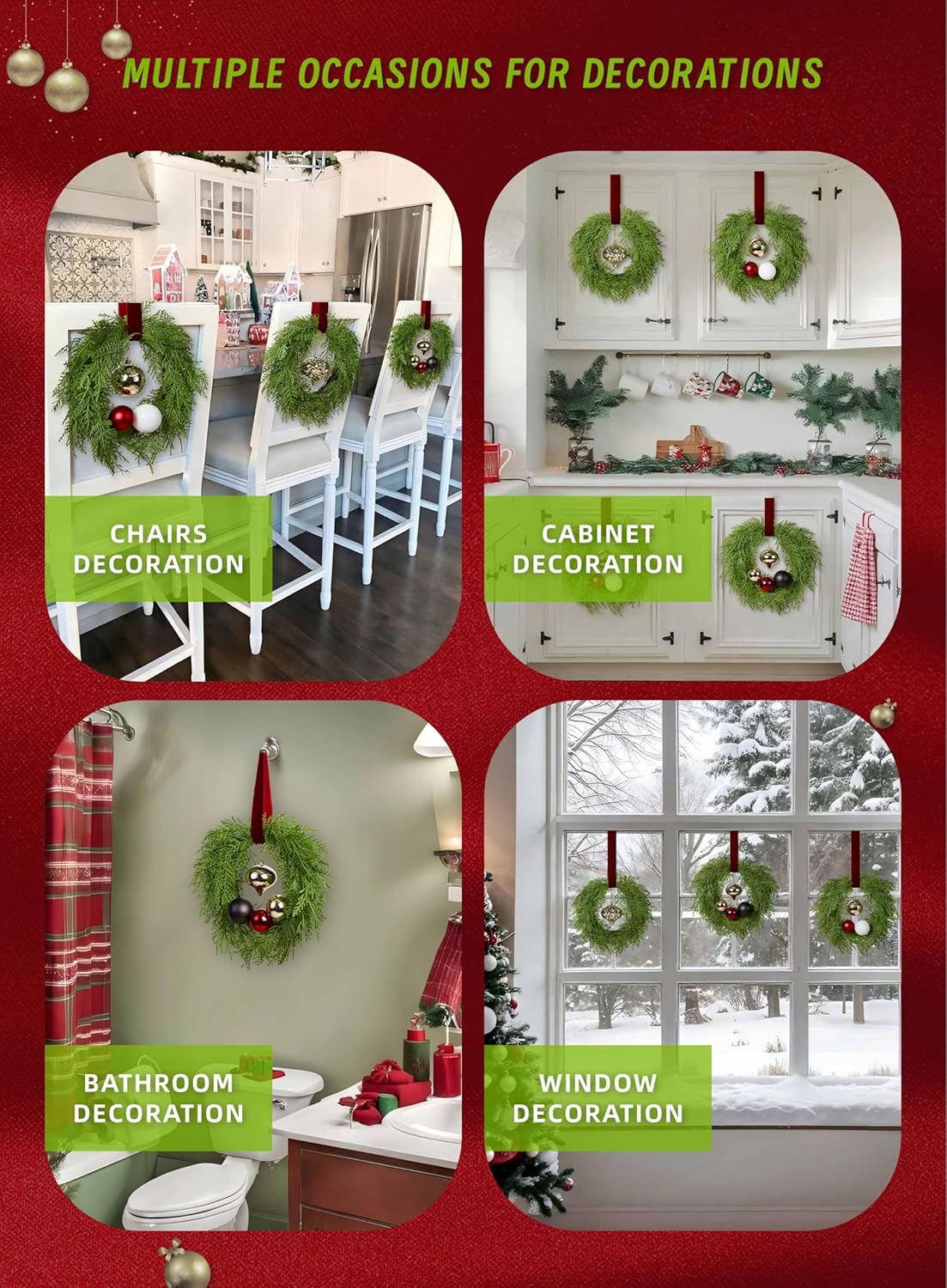 12 Inch Small Christmas Wreath Set, 3 Pack Kitchen Cabinet Chrismtas Wreath Pre-Decorated with Ball Ornaments & Ribbon, Simple Mini Cedar Wreath for Window, Chair, Wall Indoor Decoration