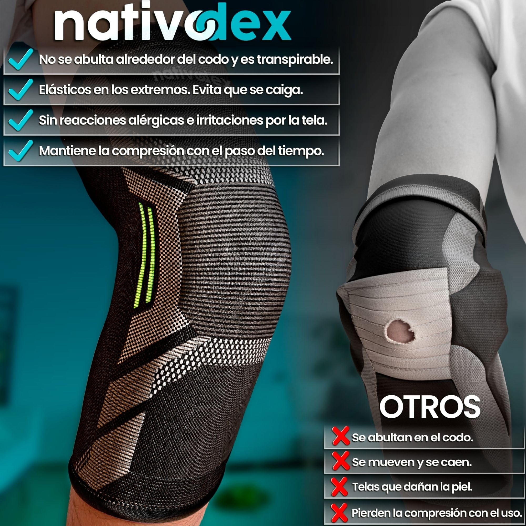 NativoDex Codera de Compresión para Epicondilitis y Tendinitis | Manga para Codo de Tenista y Golfista | Soporte Articular para el Día a Día, Tenis y Pádel | Hombre y Mujer