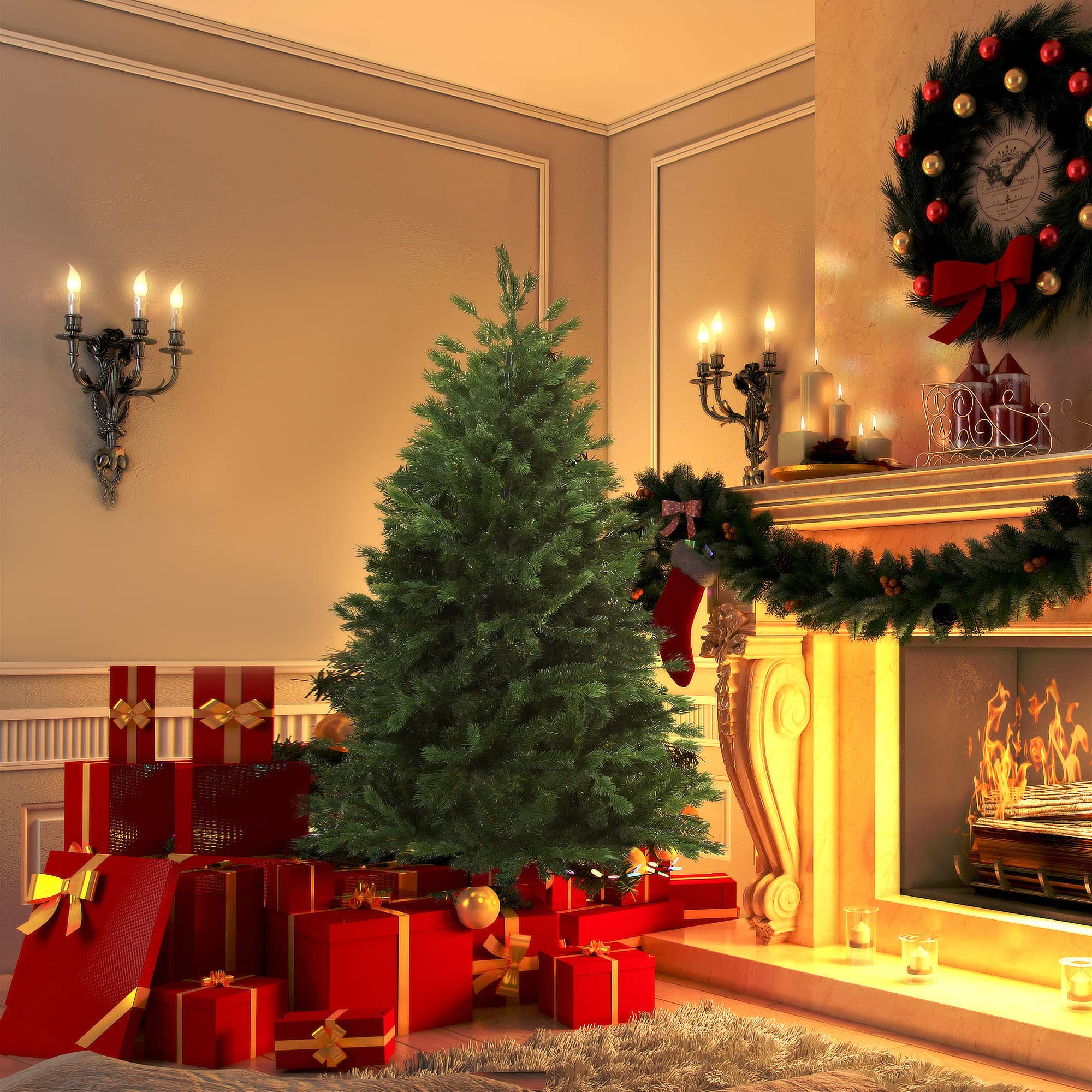 HOMCOM Árbol de Navidad Artificial 440 Ramas PE Tridente Ø75x150 cm Verde | PVC Individual, Base Plegable, Árbol Navideño Decorativo, Exteriores Interiores