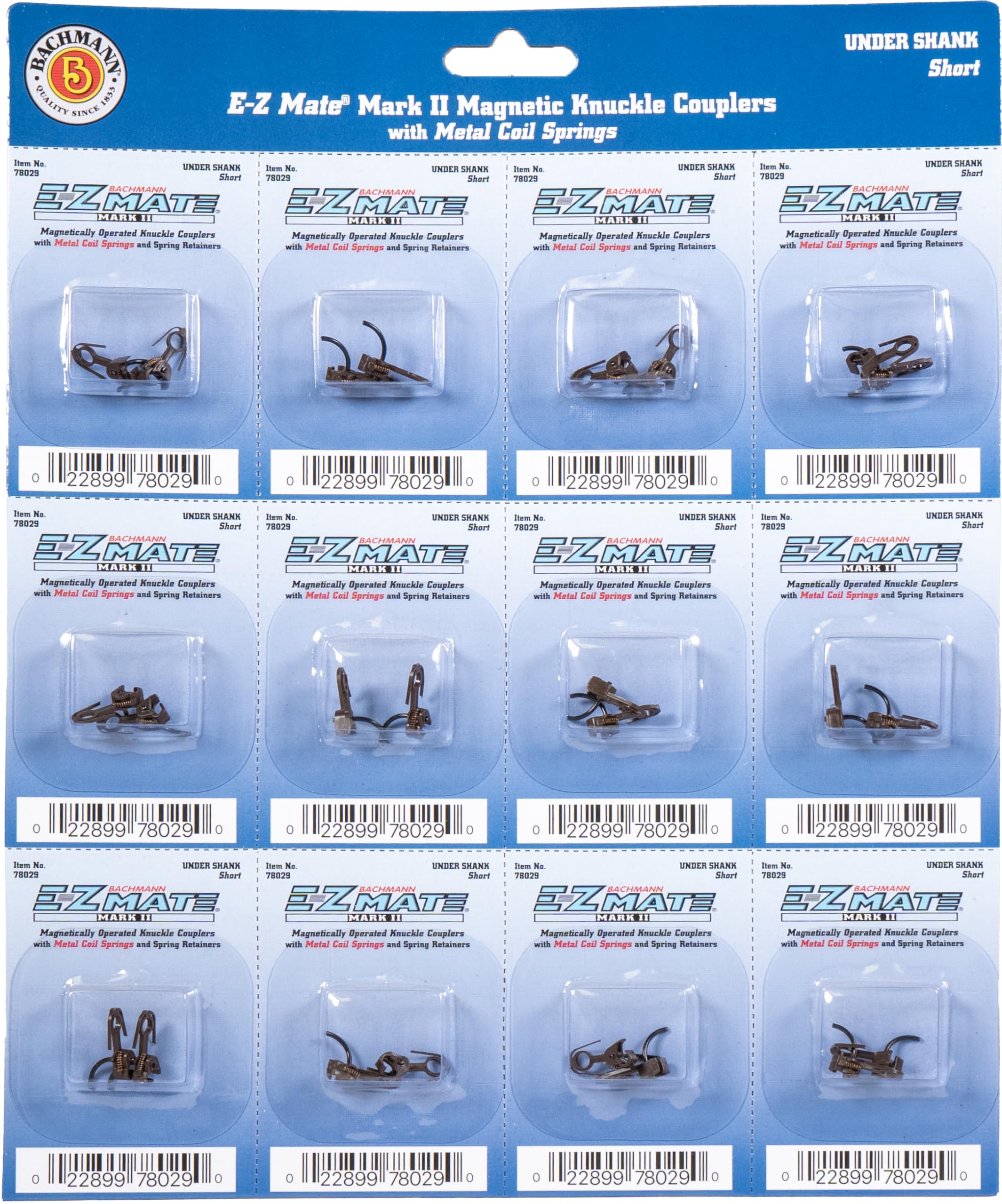 Trains - E-Z MATE MARK II COUPLERS - MAGNETIC KNUCKLE COUPLERS with METAL COIL SPRING - UNDER SHANK - SHORT (12 pair/card) - HO Scale
