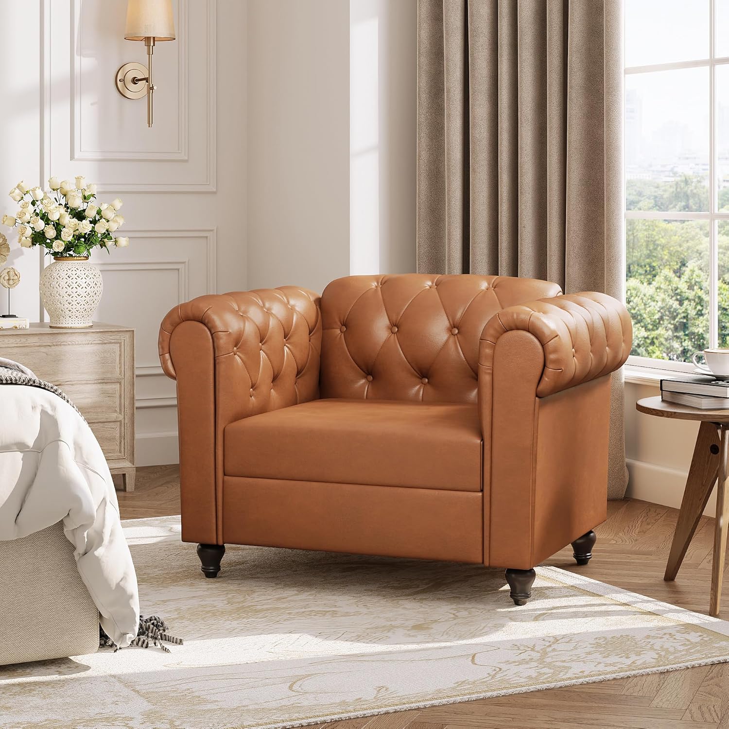 Brown Faux Leather Accent Chairs, Button-Tufted Upholstered Club Chair Retro Armchairs, Mid Century Modern Accent Chair with Solid Wood Legs, Cozy Chesterfield Couch Chairs for Living Room, Bedroom