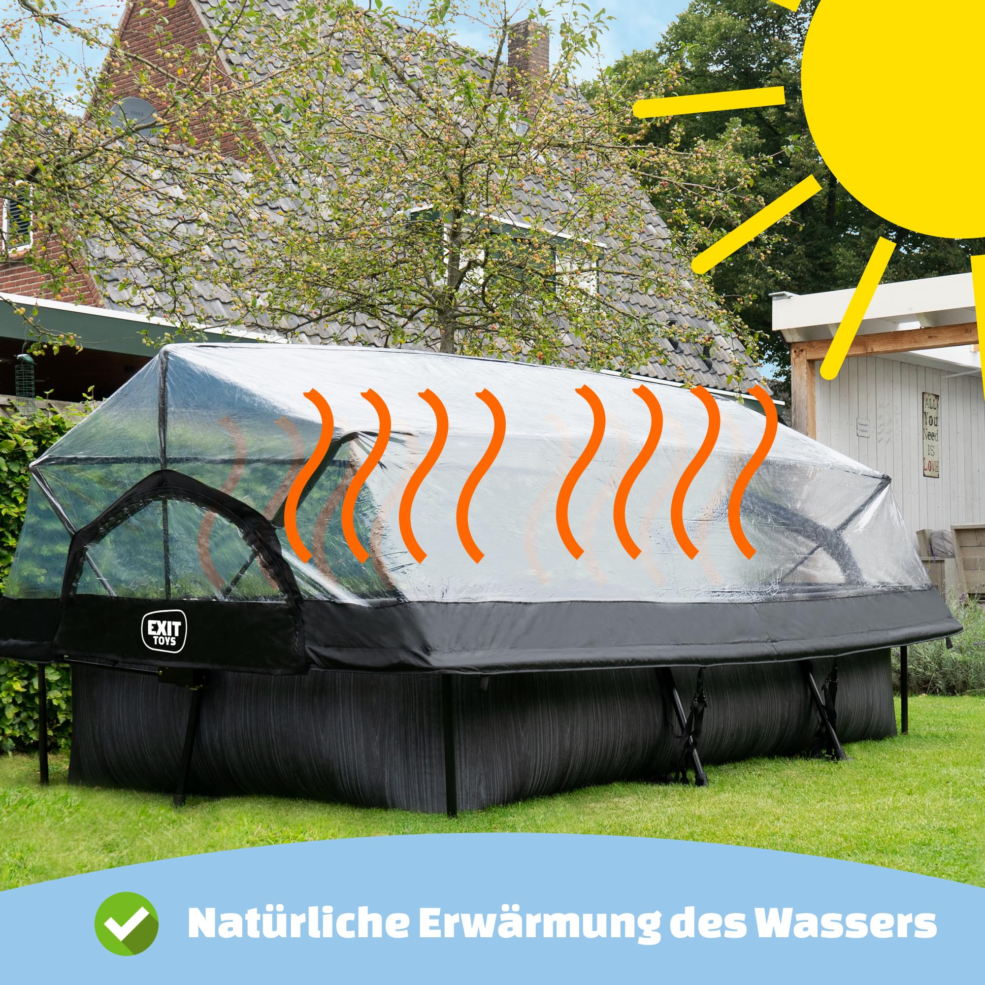 EXIT Toys Poolabdeckung Rechteckig 220 x 150 cm Universell für Rahmenpools – Hält Wasser Warm und Sauber – Poolüberdachung mit Verbindungsset für Viele Marken – Transparent