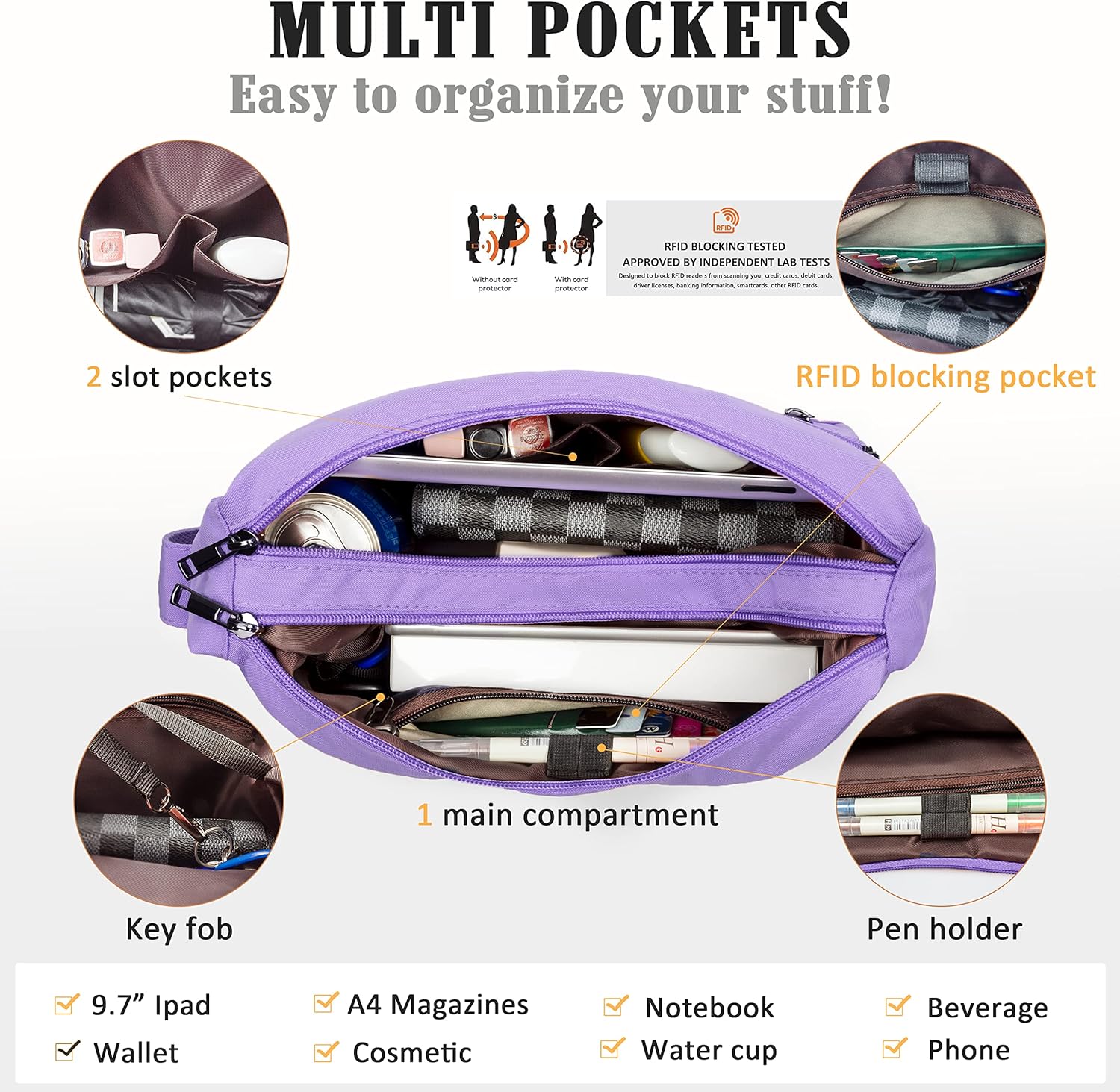 VOLGANIK ROCK RFID Purses for Women Fabric Nylon Multi Pocket Crossbody Bag Ladies Travel Handbag - Image 5