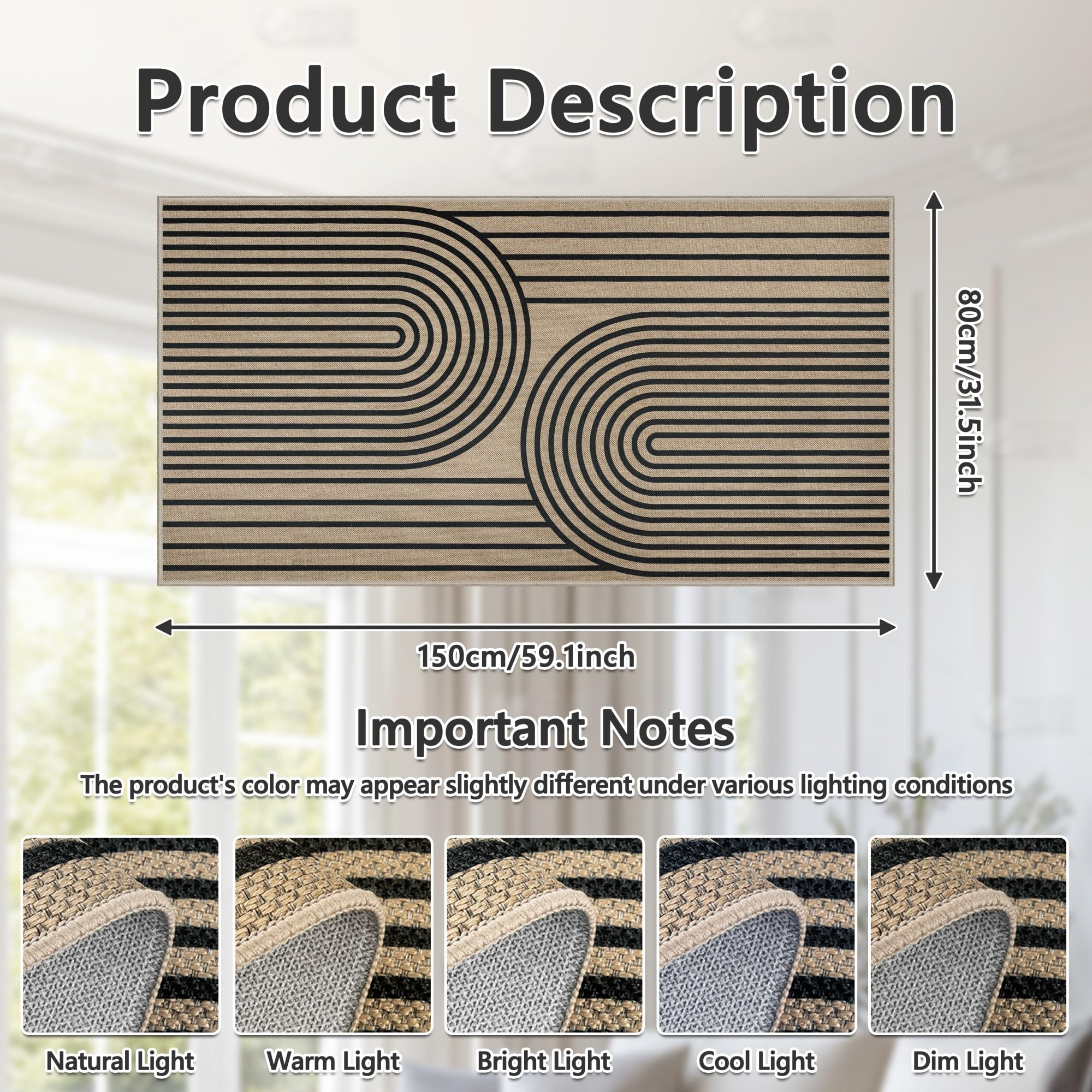 Teppich Läufer Flur 80x150cm, Jute Aussehen Küchenteppich, Waschbarer Teppich Flur, rutschfest Küchenläufer, Schwarz Outdoor Teppich für Küche, Wohnzimmer, Schlafzimmer, Diele, Eingang, Balkon