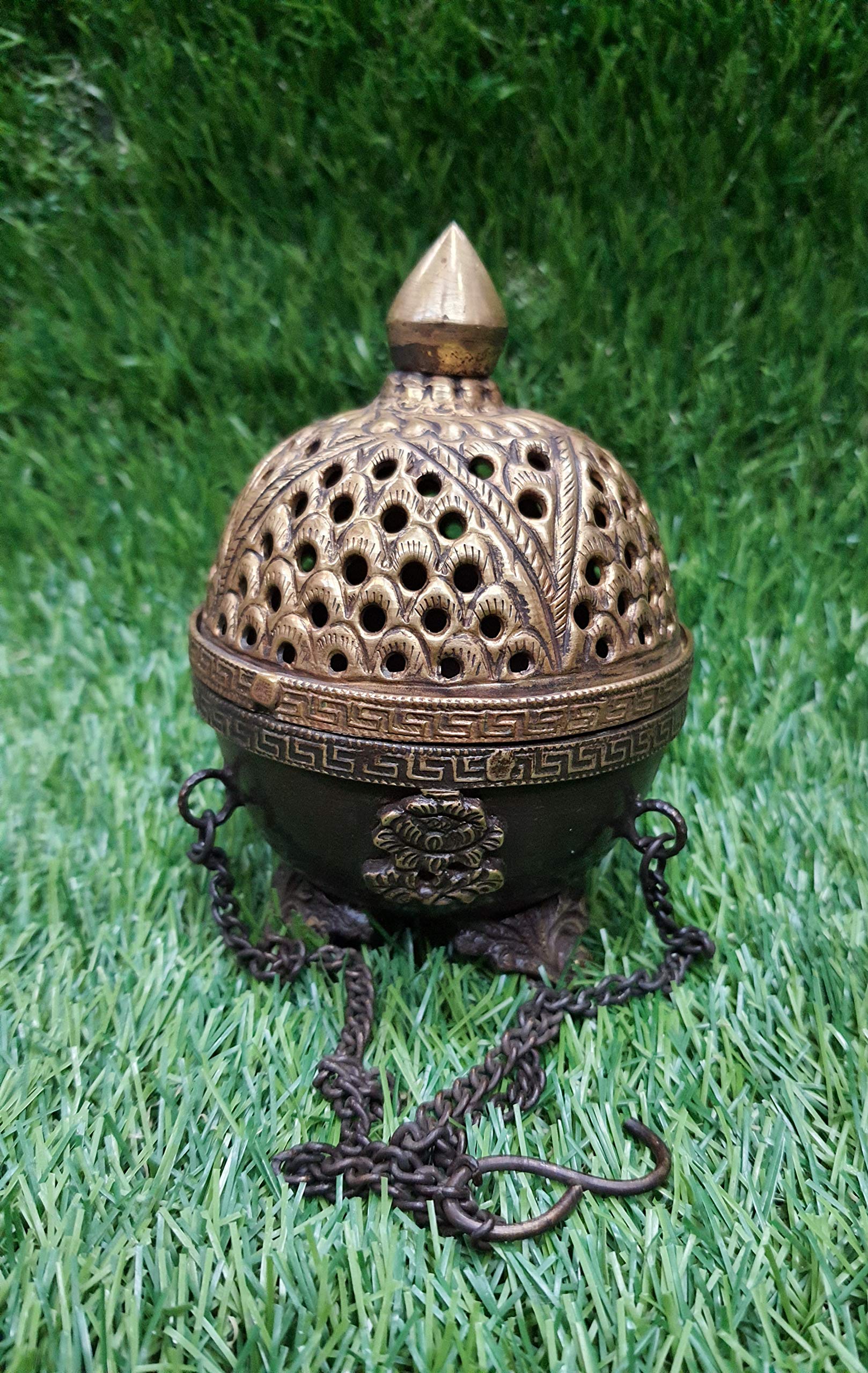 NIM Brass Antique Finish Style Hanging Incense Burner with jaali with Three Auspicious Sign Highlighted on it suppoorted on Three Legs an Ideal Gift for Home Decor (B091TS7HVH) Amazon Price History, Amazon Price Tracker