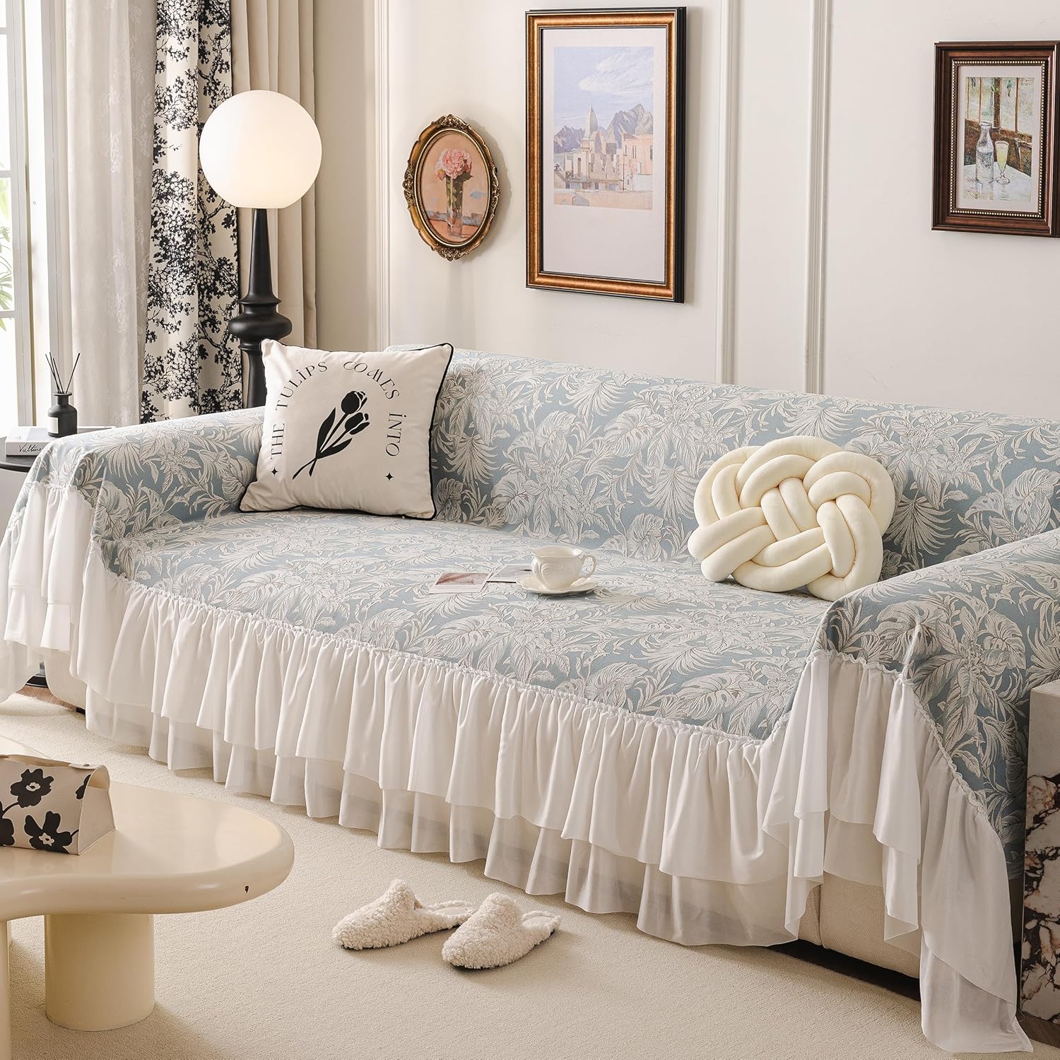 Boho Couch Cover for Sofa, Washable Sofa Cover for 2 Cushion Couch, Non-Slip Soft Sofa Slipcover Protector, Vintage Couch Blanket Cover, Gradient Skirt Hemming Sofa Towel,C Blue_71" x118