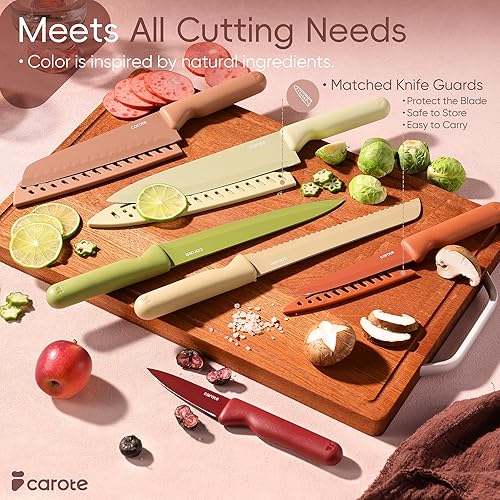 Miniatura 7 de CAROTE Juego de cuchillos de cocina de 12 piezas con 6 protectores de cuchillas, apto para lavavajillas, juegos de cuchillos de cocina de acero