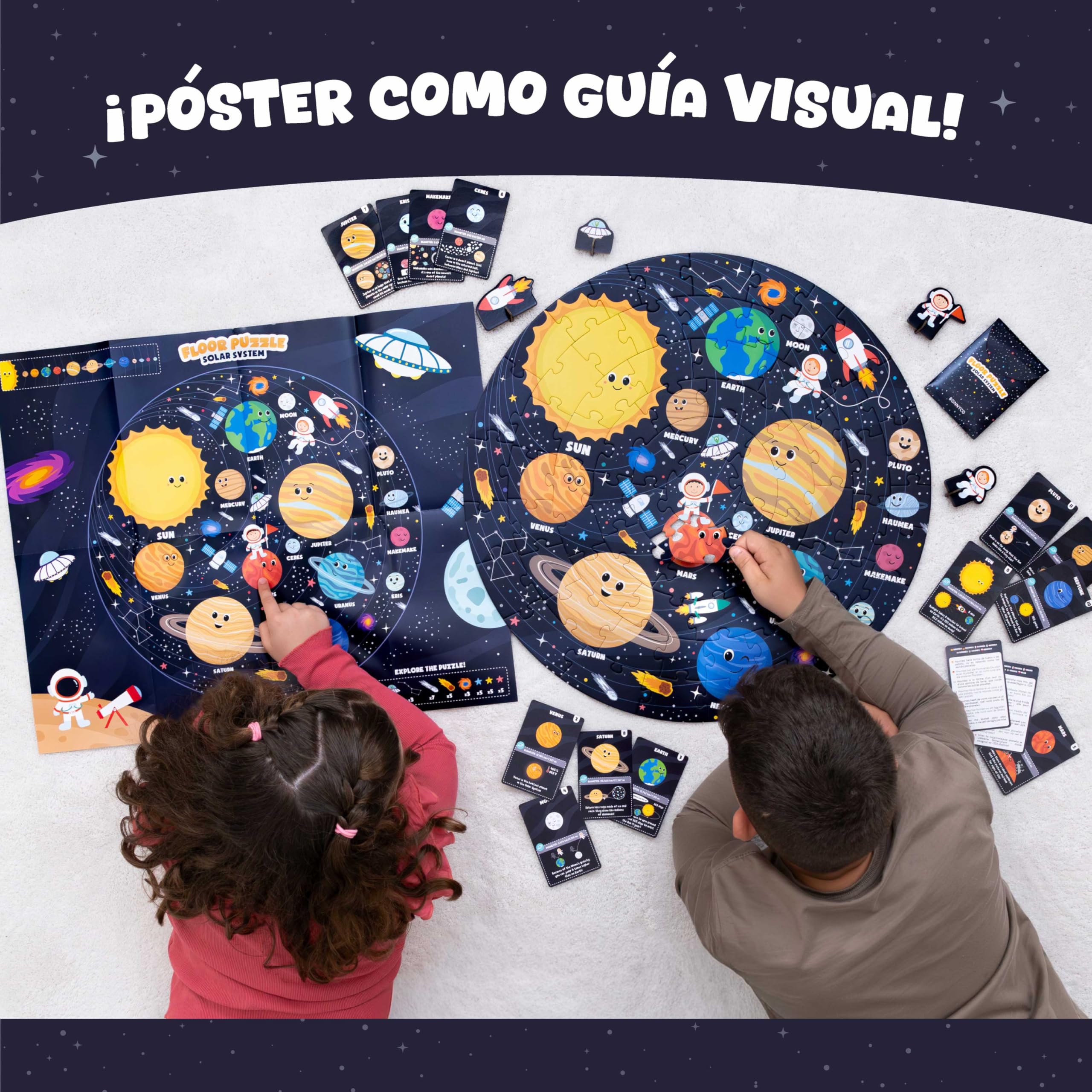 BONNYCO Puzzle XXL Sistema Solar para Niños con 70 Piezas Grandes. Rompecabezas Redondo Planetas 58 x 58 cm, 15 Tarjetas, 4 Figuras y Guía. Juegos Educativos, Regalos, Juguetes Niños 4 Años