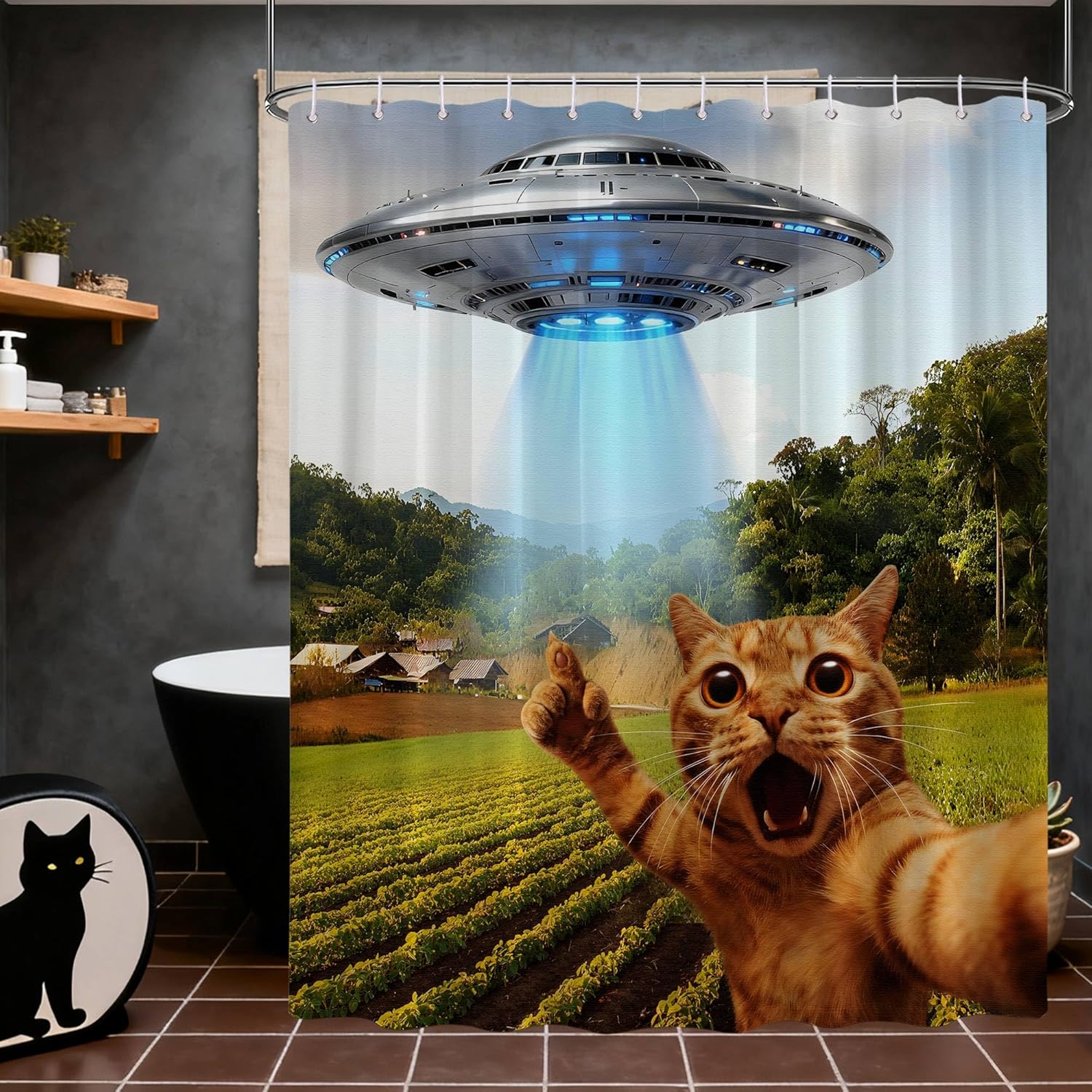 Fun Cat Shower Curtain Cool Animal Novelty Shower Curtains for Funny Men Bathroom Decor Sets, Waterproof Cloth Fabric with Hooks, 70x78 Inch