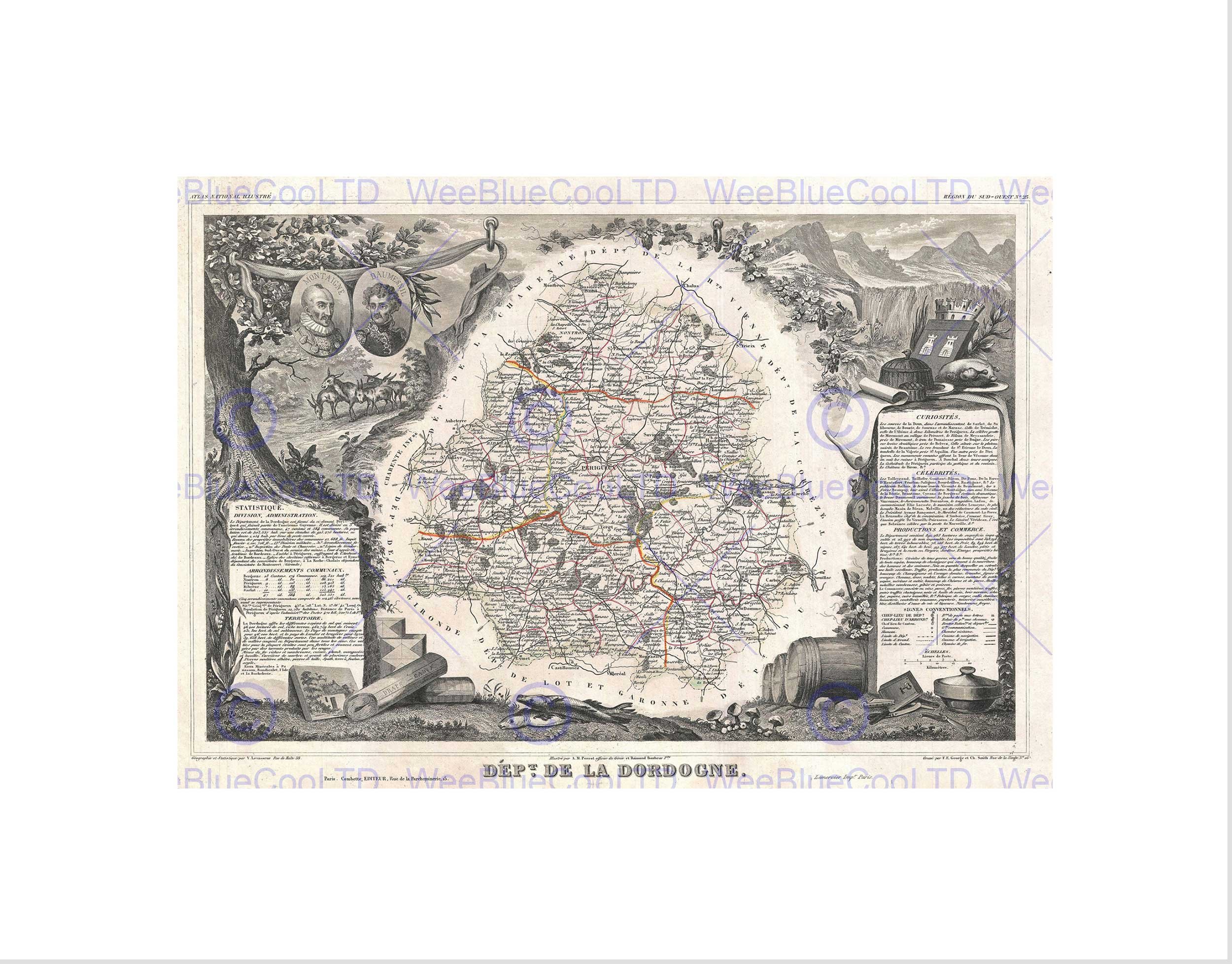 Wee Blue Coo Map Illustrated Antique Levasseur Dordogne Wall Art Print