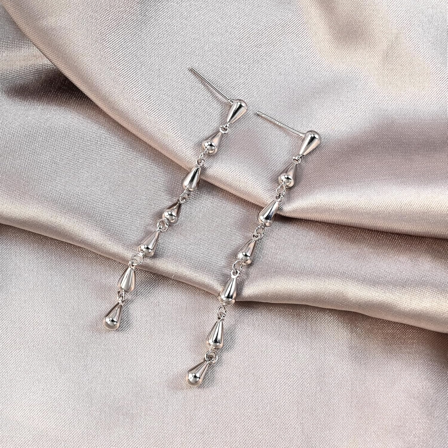 925 Sterling Silver Teardrop Chain Dangle Stud Long Drop Minimalist Simple Earrings for Women - Image 6