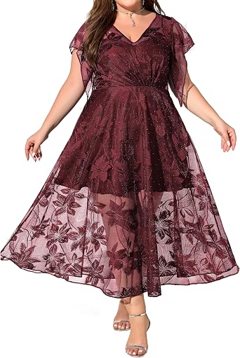 Women Plus Size V Neck Empire Waist Sequin Embroidered Lace Cocktail Dress