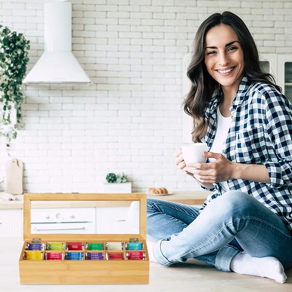 relaxdays bamboo tea box 12 compartments tea box with viewing window organizer for tea bags h x w x d: approx. 9 x 41 x 16 cm natural light brown