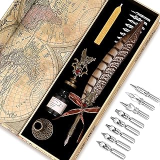 CunMei Quill Pen, Feather Pen Ink Set, Feather Calligraphy Pen Set With Feather Pen Dip Pen, 20ML Ink, 8 Replaceable Nibs,...