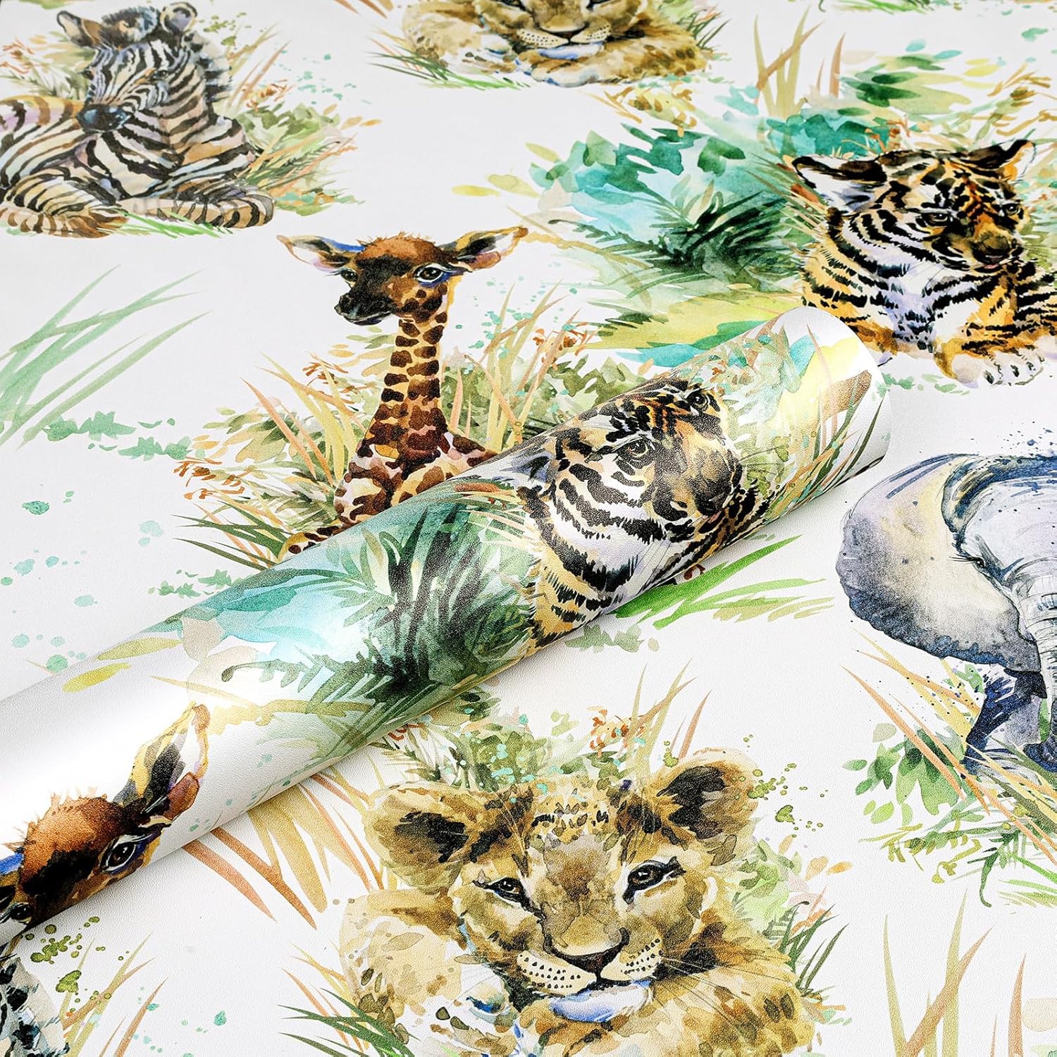 ReWallpaper Animal Peel and Stick Wallpaper for Kids Room Self Adhesive Safari Jungle Wall Paper Removable Watercolor Zoo Decor for Bedroom Playroom Toddler Space Statement Accent Wall 17.5in x 23ft