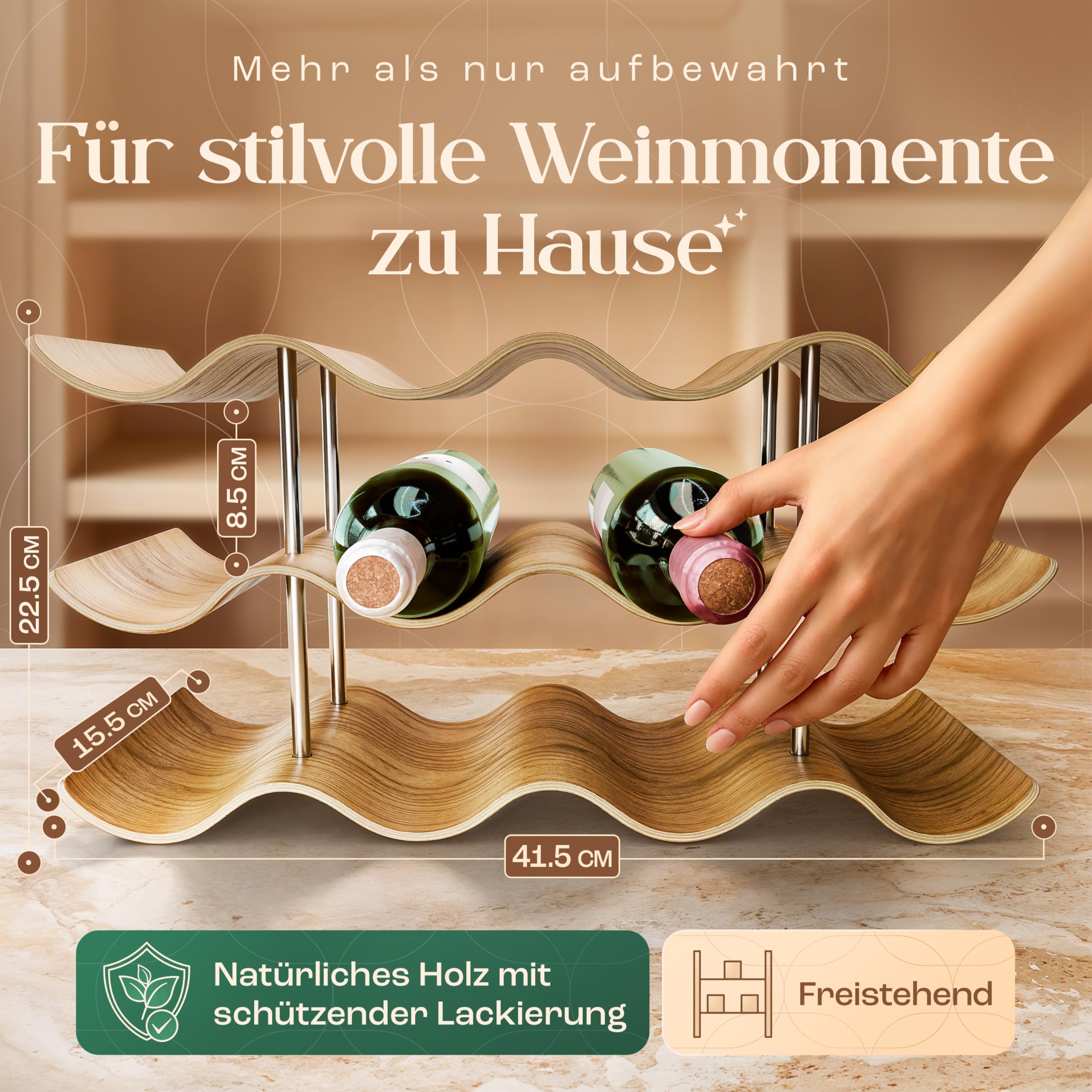 Dreiklang – be smart Weinregal Flaschenregal aus Holz für 12 Flaschen, stabil, Freistehend, modern, dekorativ, Platzsparend klein & schmal, 3 Ebenen (41,5 x 22,5 x 15,5 cm)