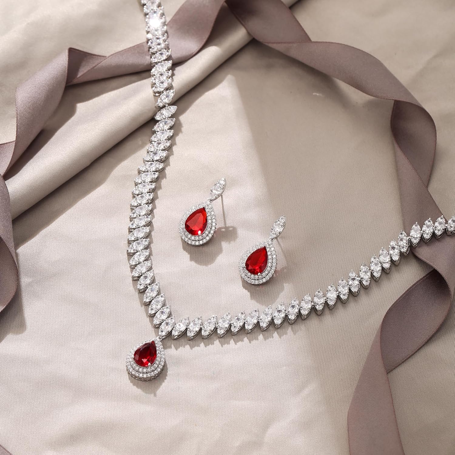 EVER FAITH Women's CZ Marquise-Shaped Leaf Teardrop Pendant Necklace Earrings Set Silver-Tone - Image 3