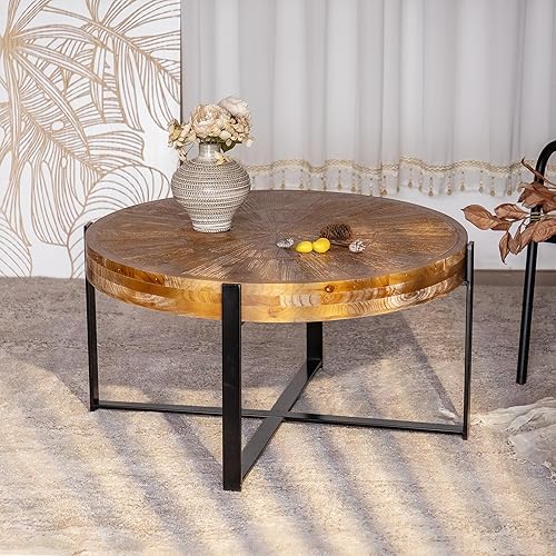 Miniatura 5 de Maotifeys Mesa de centro redonda rústica para sala de estar, mesa de cóctel industrial de madera y metal, mesa central circular de 33.5 pulgadas en
