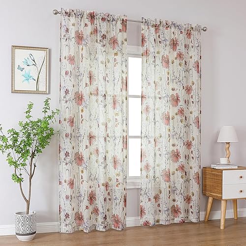 Miniatura 12 de OWENIE - Juego de 2 paneles de cortinas traslúcidas extralargas con estampado floral, para sala de estar, dormitorio, con jareta para cortinero