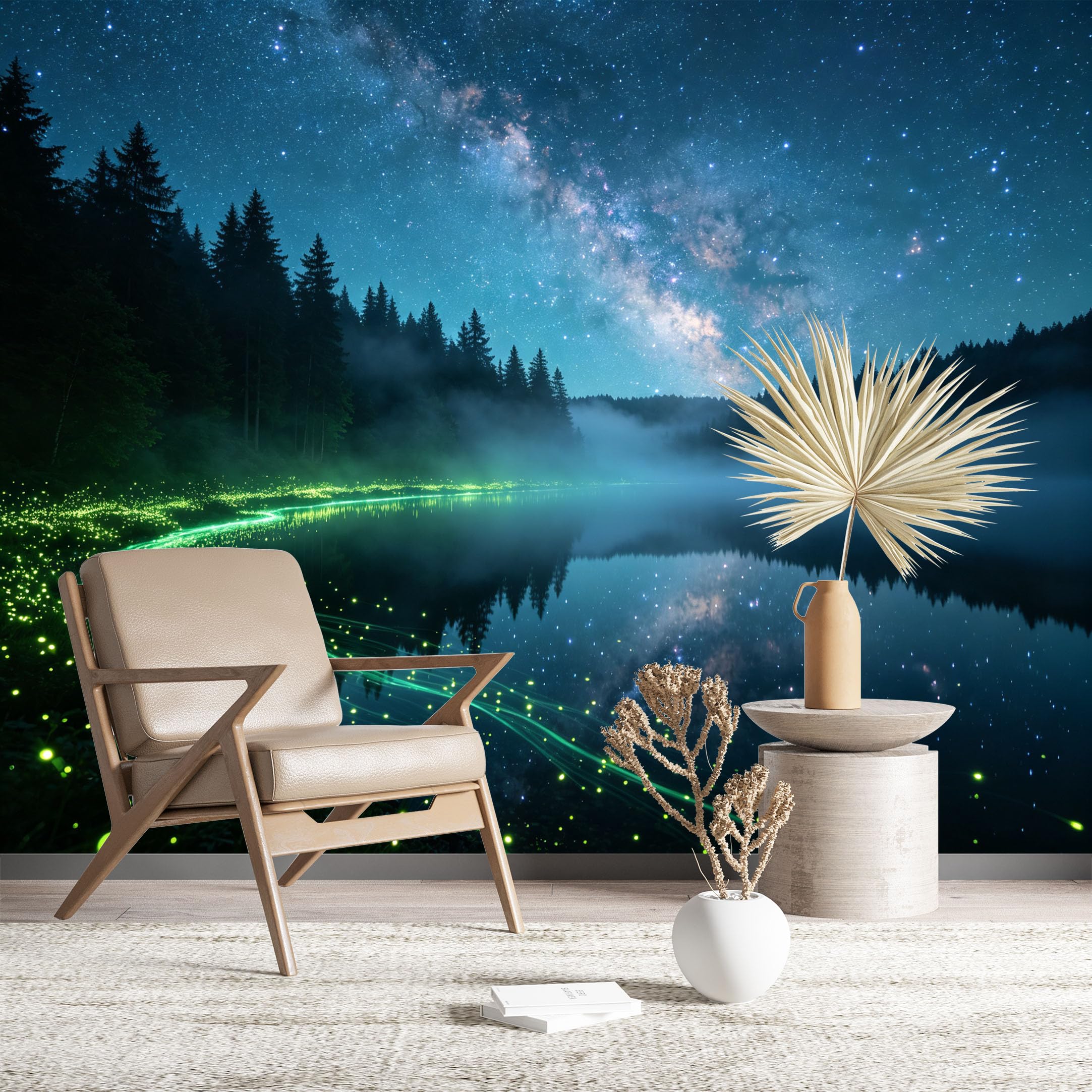 Custom Size Wall Murals Starry Forest Lake with Fireflies and Milky Way Realistic Self-Adhesive Wall Fabric (NO PVC) Removable Wallpaper for Living Room Bedroom