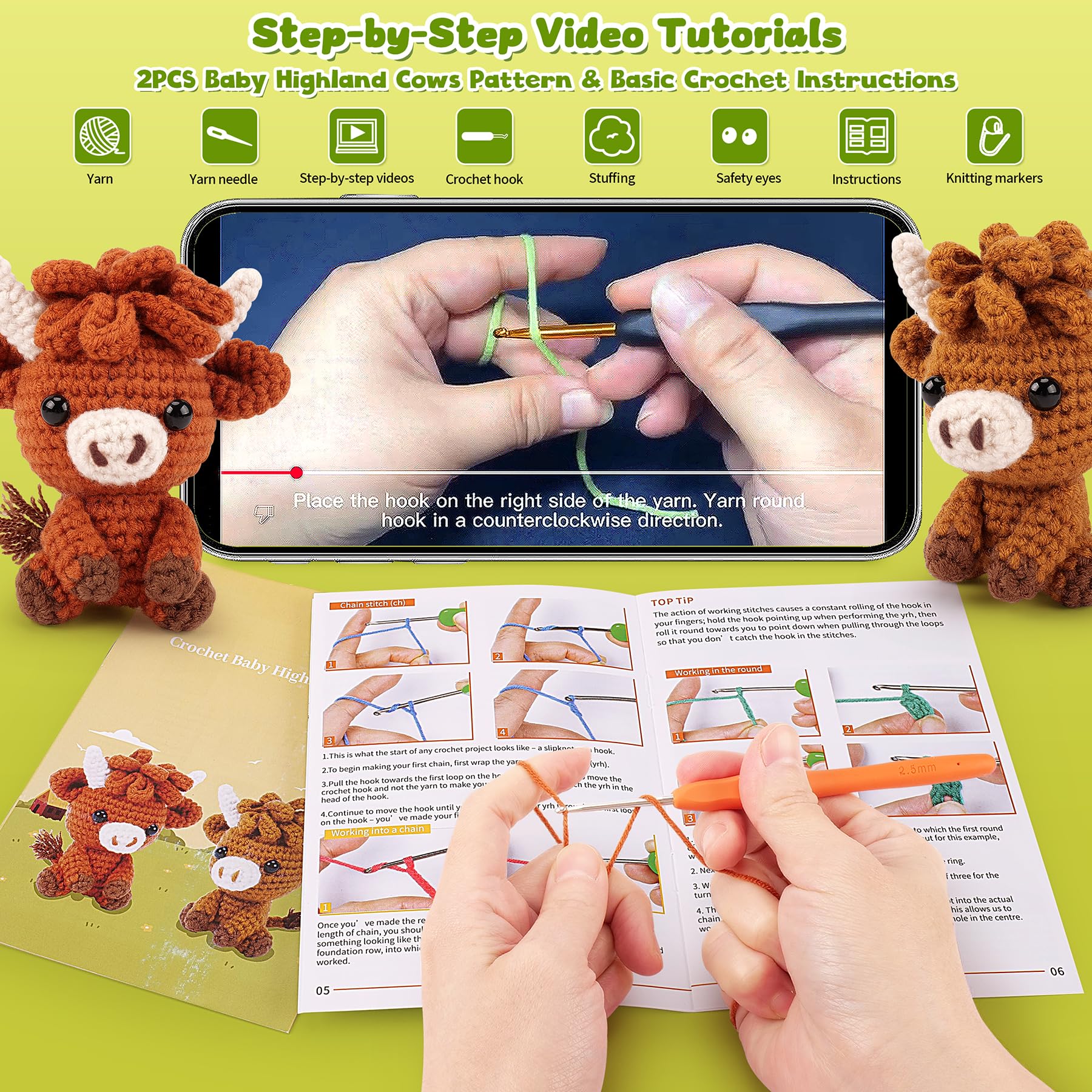 Kit de ganchillo para principiantes, kit de ganchillo de 2 piezas de animales de las tierras altas con tutoriales en video paso a paso, kit de tejido de animales de peluche de ganchillo, kit de