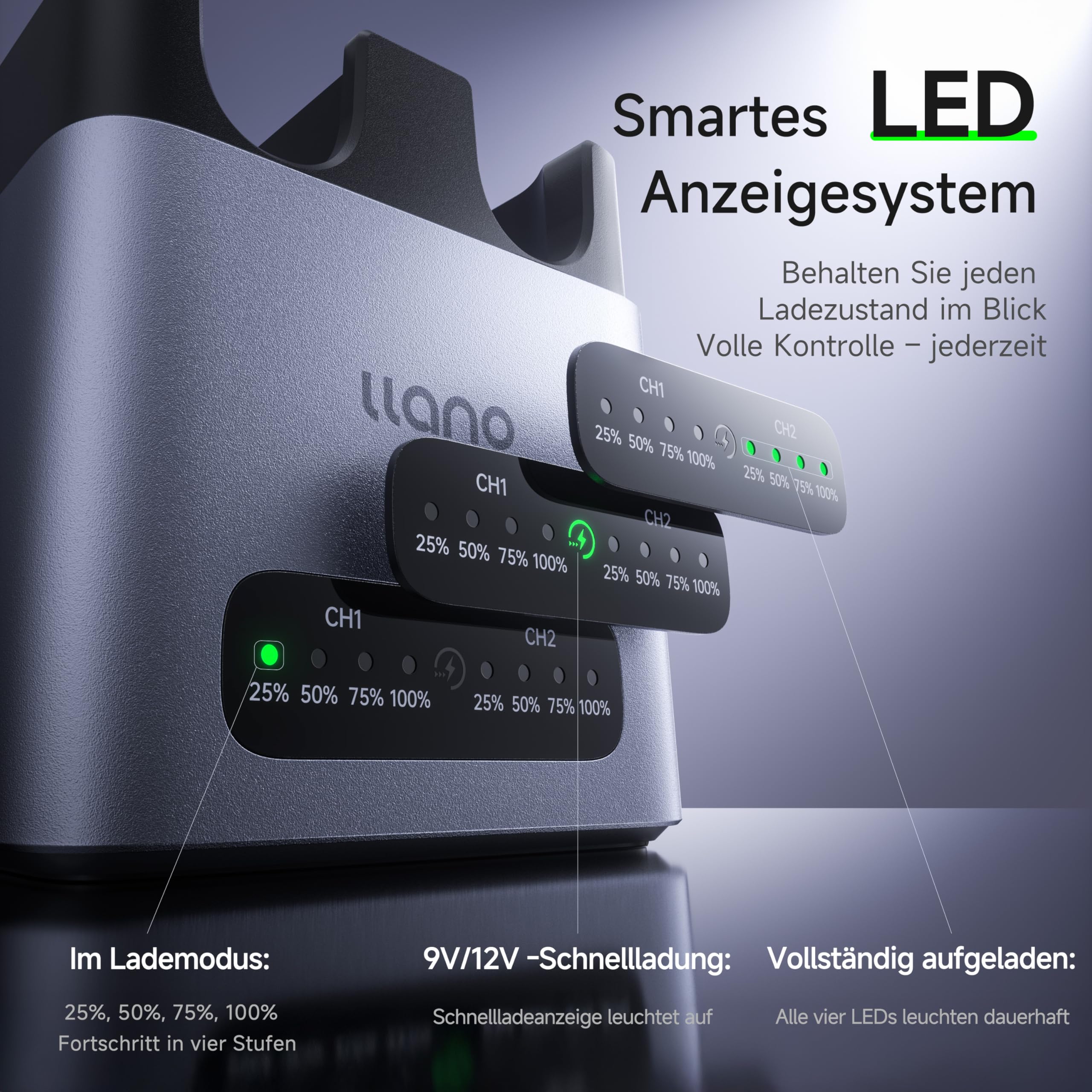 llano DMW-BLK22 20W PD Schnellladegerät für Panasonic Lumix GH5 GH5II GH6 GH7 S5 S5II S5IIX S9 G9II, Dual USB-C Ladebox mit CNC Aluminiumgehäuse & LED-Anzeige (CM2 Serie)