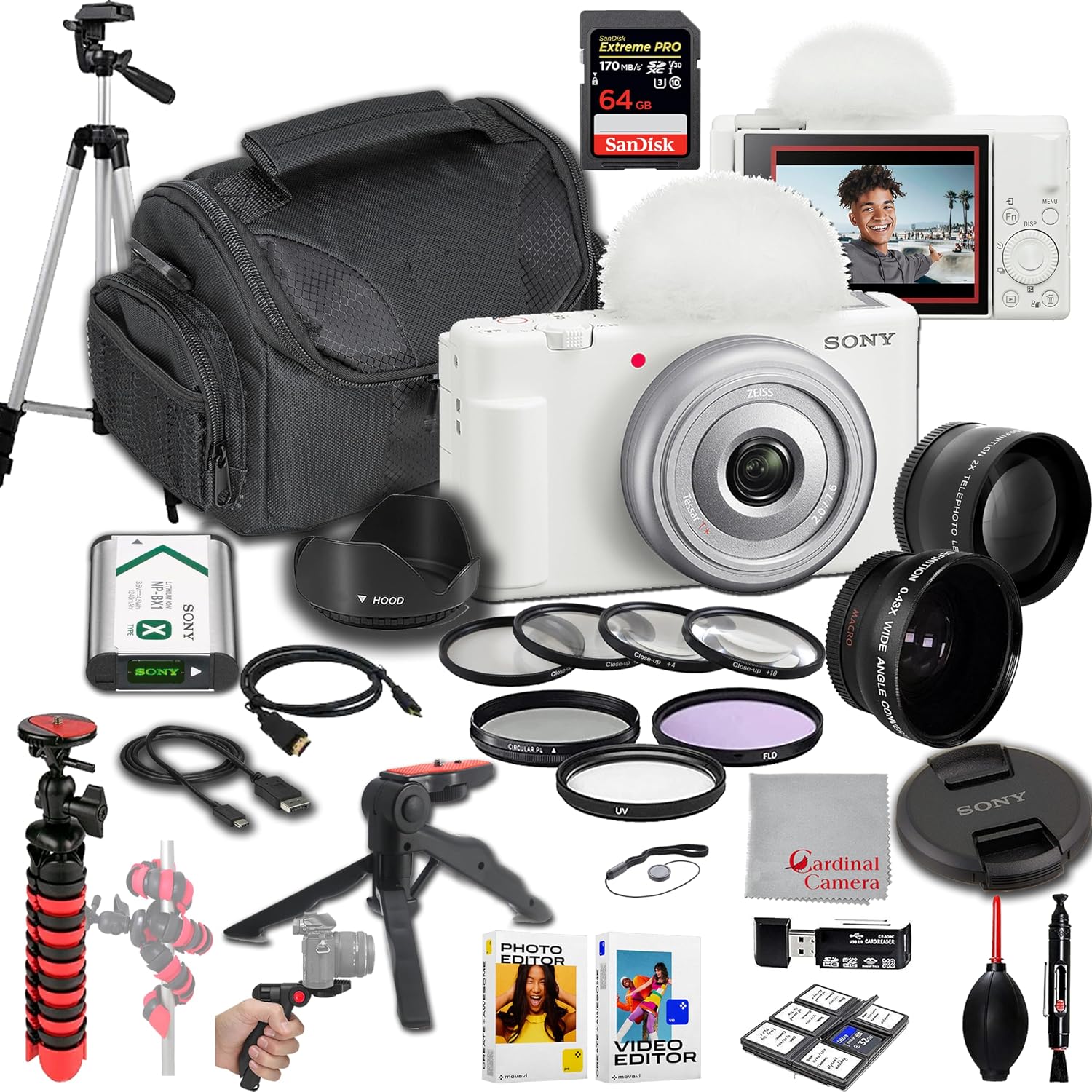 ZV-1F Vlogging Camera (White)|20.1MP | 64GB Extreem Speed Memory,.43 Wide Angle & 2X Lenses, Case. Tripod, Filters, Hood, Grip,Editing Software Kit -Deluxe Bundle, Compact