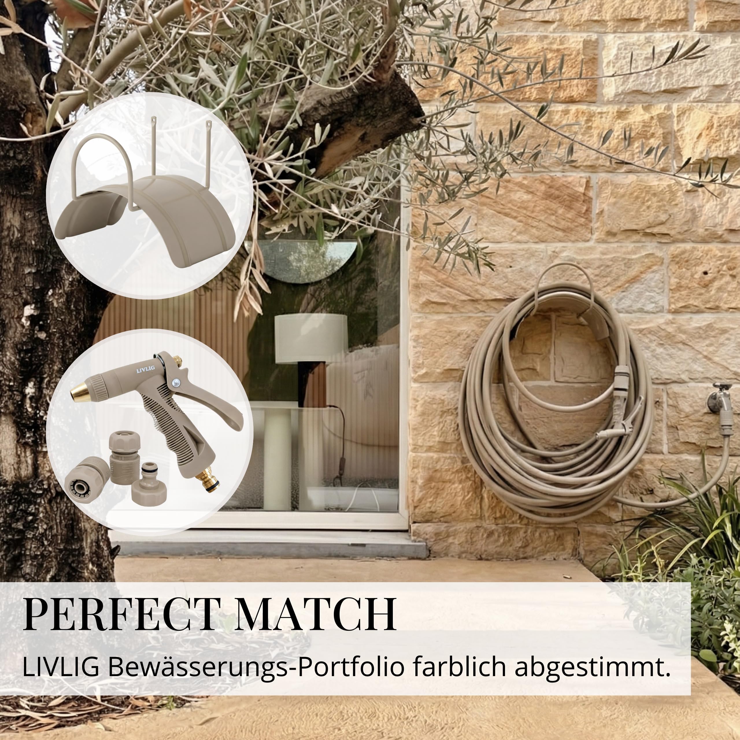 LIVLIG Manguera Jardin 20m – Manguera de Riego Flexible, 60% Reciclado, Resistente UV, Antitorcion, 1/2 Pulgada, Beige