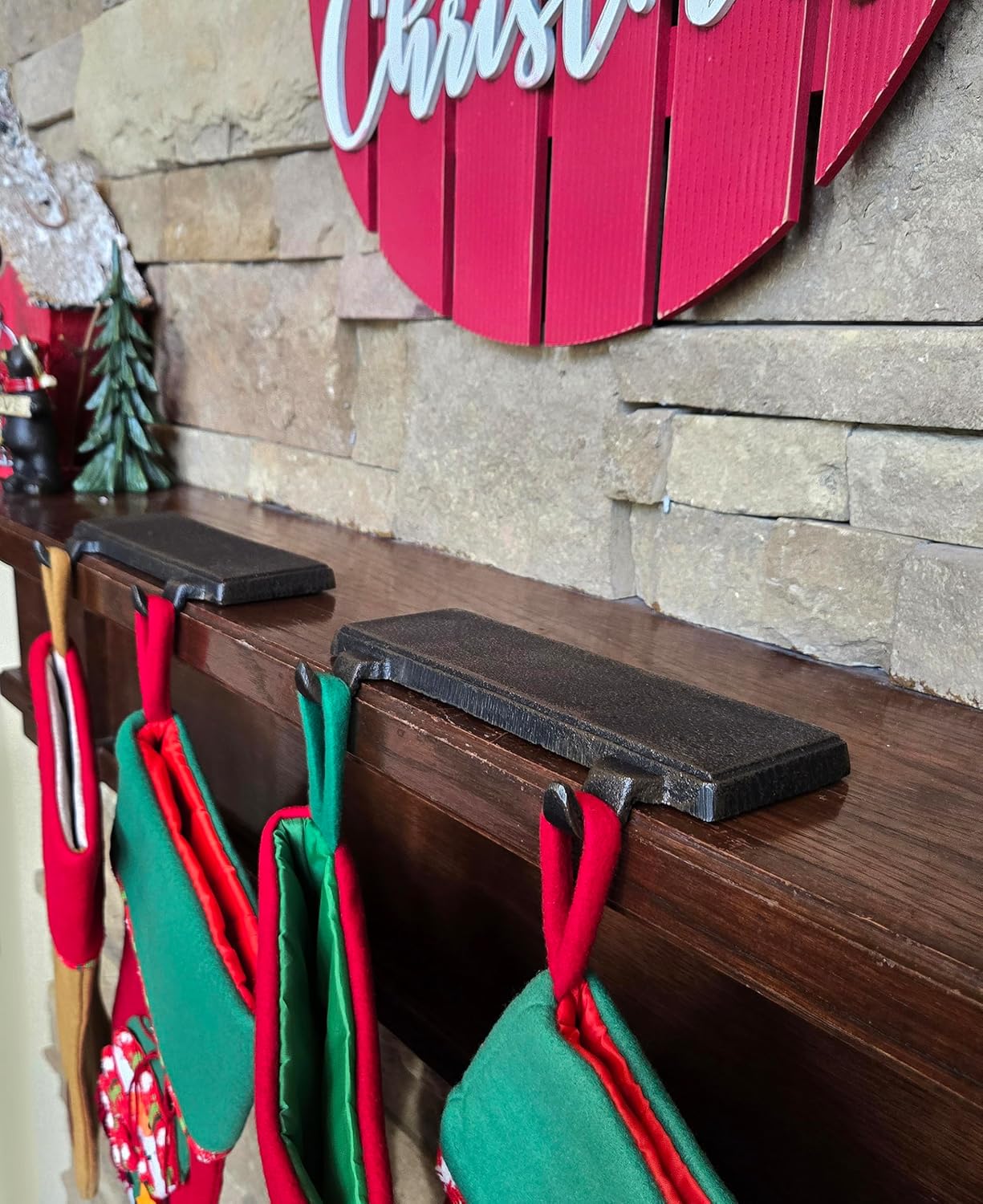 Lulu Decor, Cast Iron Set of 2 Long Base Low Profile Christmas Stocking Holder, Total 6 Hooks