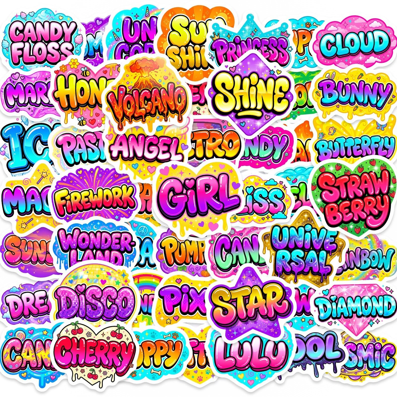 Lylsdsb Neon Word 50Pcs Stickers Graffiti Style Vinyl Decals For Laptops Skateboards Luggage Helmets Bikes And Phones Fans Lovers And Bold Vibe Enthusiasts