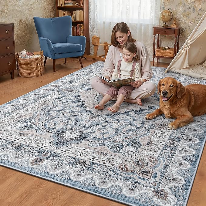 Foxmas Alfombra 6x9 para Sala, Lavable, Antideslizante, Azul miniatura 3