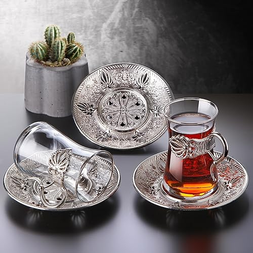 Miniatura 4 de Vasos y platillos de té turcos, juego de té de vidrio turco para 6, tazas de té y platillos de vidrio transparente, juego de tazas de té turco con