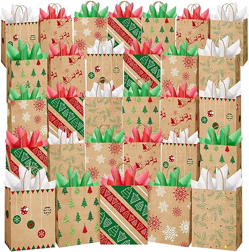 MOORAY Paquete de 30 bolsas de regalo de Navidad, 7 x 3.15 x 8.7 pulgadas, bolsas de Navidad con asas, 6 estilos de bolsas de regalo de Navidad con