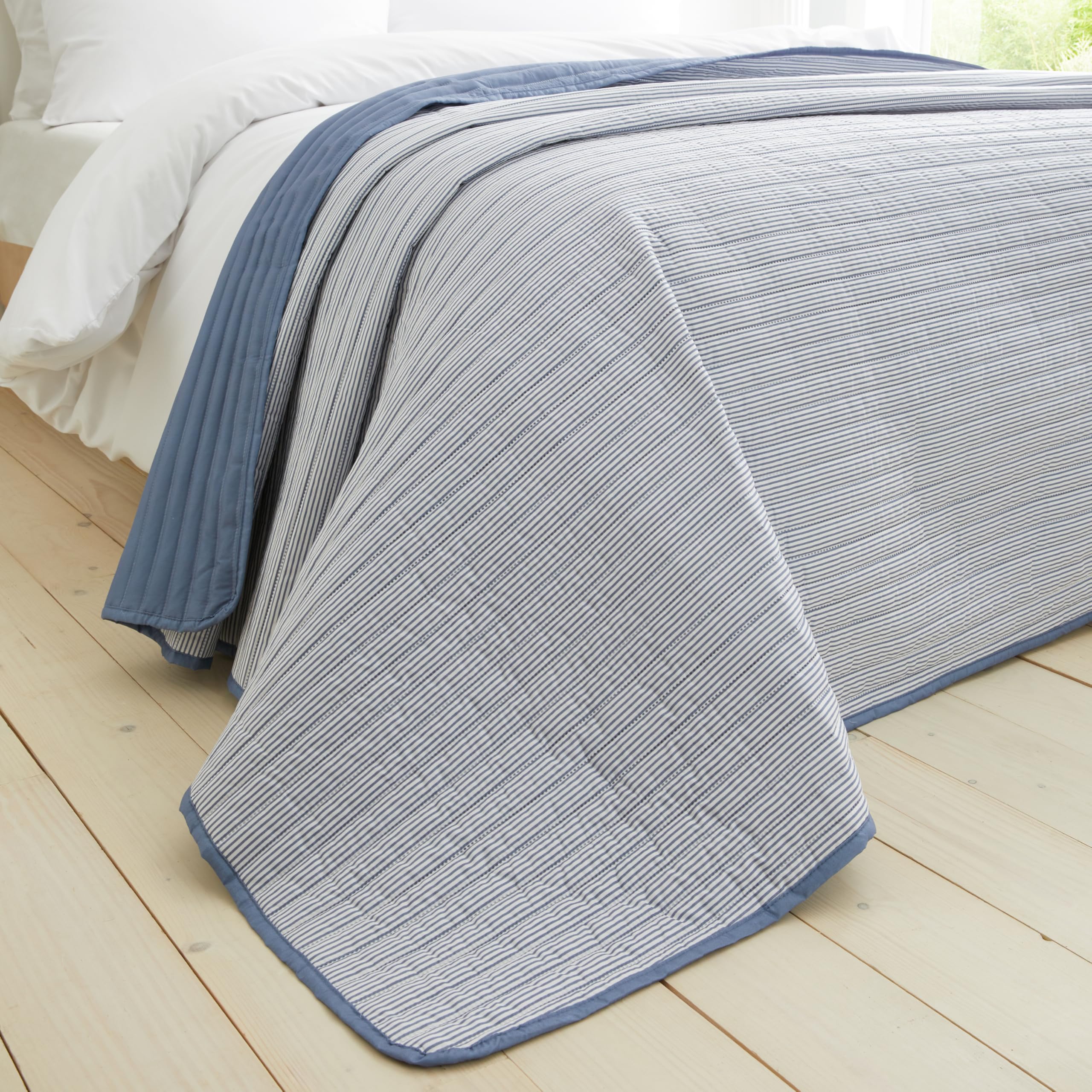 Catherine Lansfield Blue 'Stripe' Quilted Reversible Bedspread In