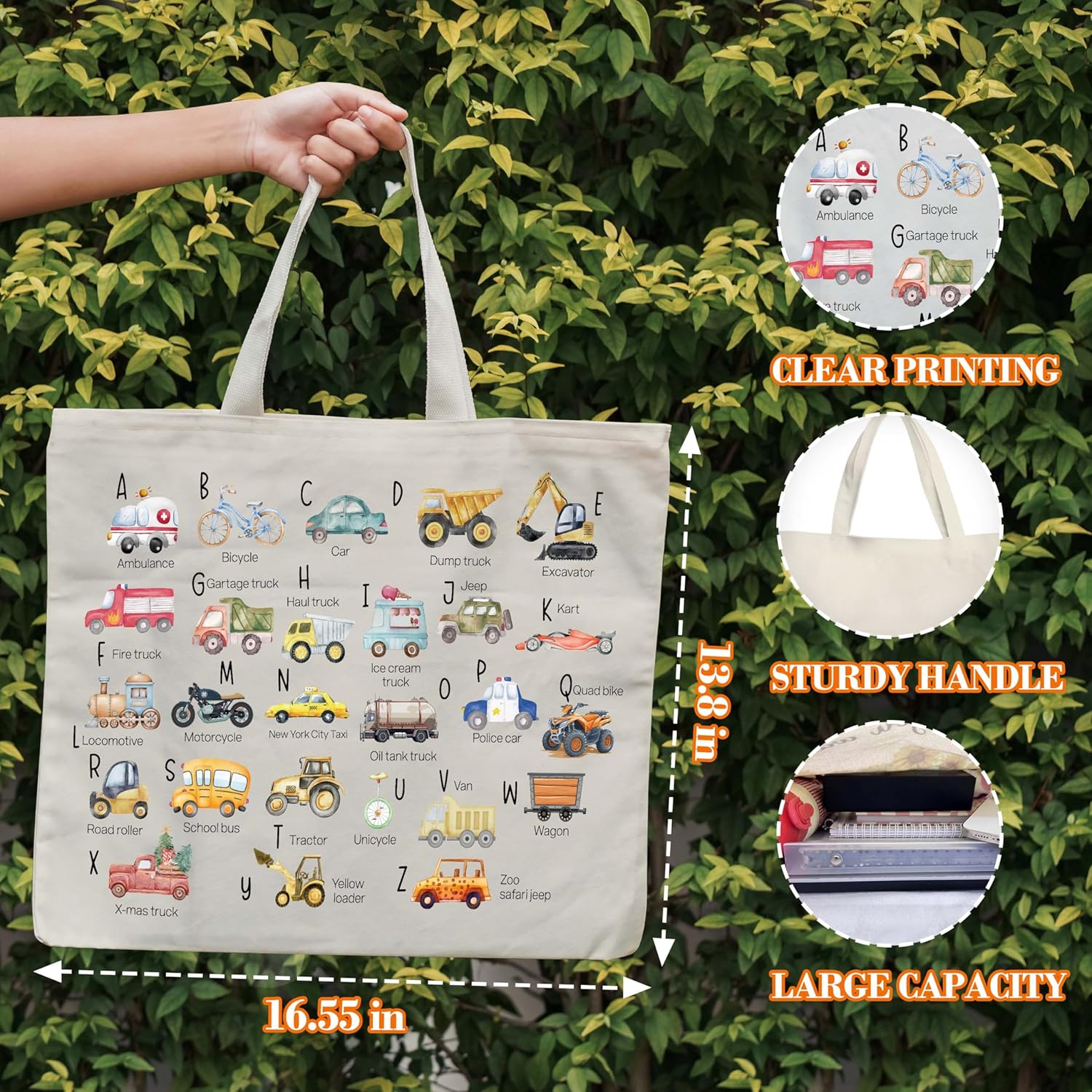 Construction Alphabet Canvas Tote for Women - ABC Letters Learning Library Book Bag, Teacher Tote for Books - Colorful Shoulder Bag Gift for Her - Image 2