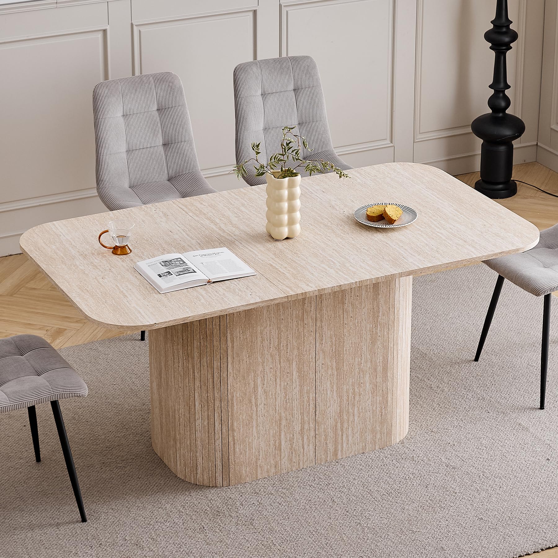Mesa Comedor Rectangular para 4-6 Personas - 160 x 90 x 75 cm - Tablero de MDF con Acabado en Travertino - Mesa de Cocina con Base Ovalada Elegante, Amarillo Claro