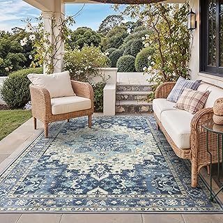 GENIMO Outdoor & Indoor Area Rug 5'x8', Waterproof, Non-Shedding, Easy Cleaning, Boho Mat for Patio, Living Room, Balcony, Dining Room, RV, Deck, Bedroom, Camping, Outside Carpet,Center Blue