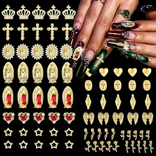 80Pcs Gold Virgin Mary Nail Charms Set with Crowns, Crosses, Hearts, Angel Wings, Stars,four types of Roses, for Women Girls Nail Decorations DIY Craft