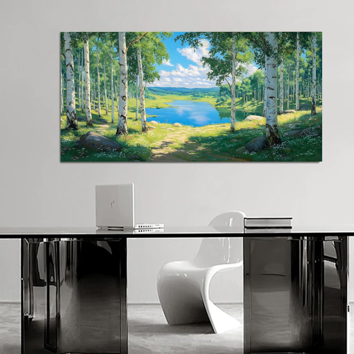 Trogonup Forest Large Wall Art for Living Room Blue Lake and Green Trees Modern Canvas Prints Mountain Landscape Artwork for Bedroom Office Kitchen Home Decor 20x40 Inch