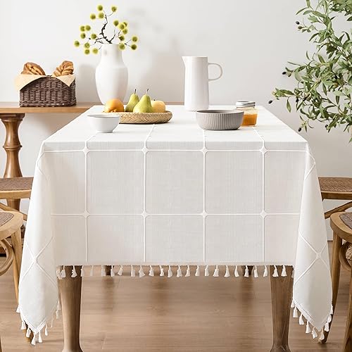 ZeeMart Mantel de cuadros bohemio con borlas (blanco hueso, 52 x 52 pulgadas), mantel de lino pesado bordado a cuadros, mantel de granja, mantel