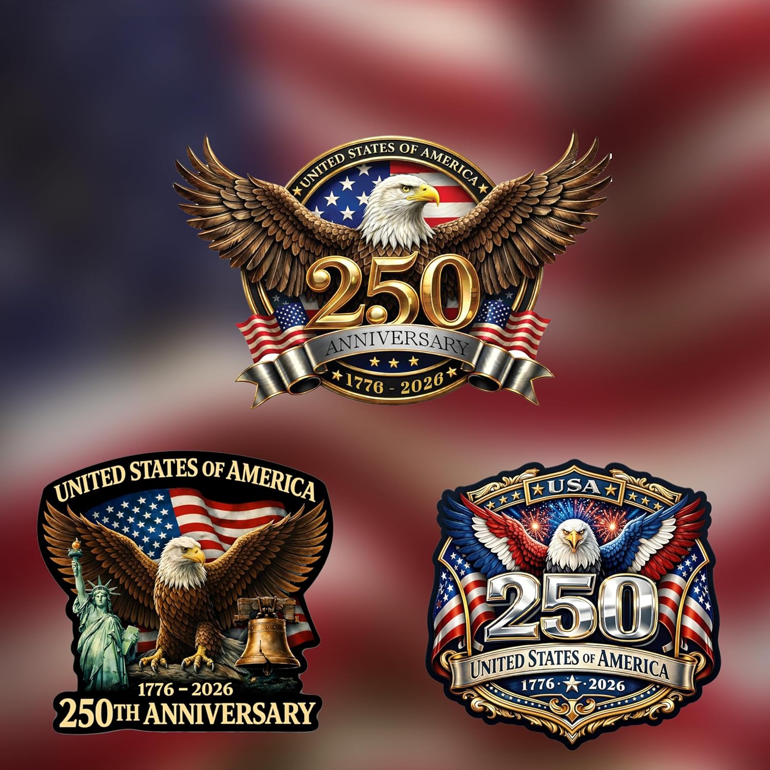 Pack 3 250th Anniversary USA Car Decal Sticker, USA Patriotic 4th of July 1776–2026 Vinyl for Car, Truck, Window, Laptop, 250 Years American Independence Bumper Stickers