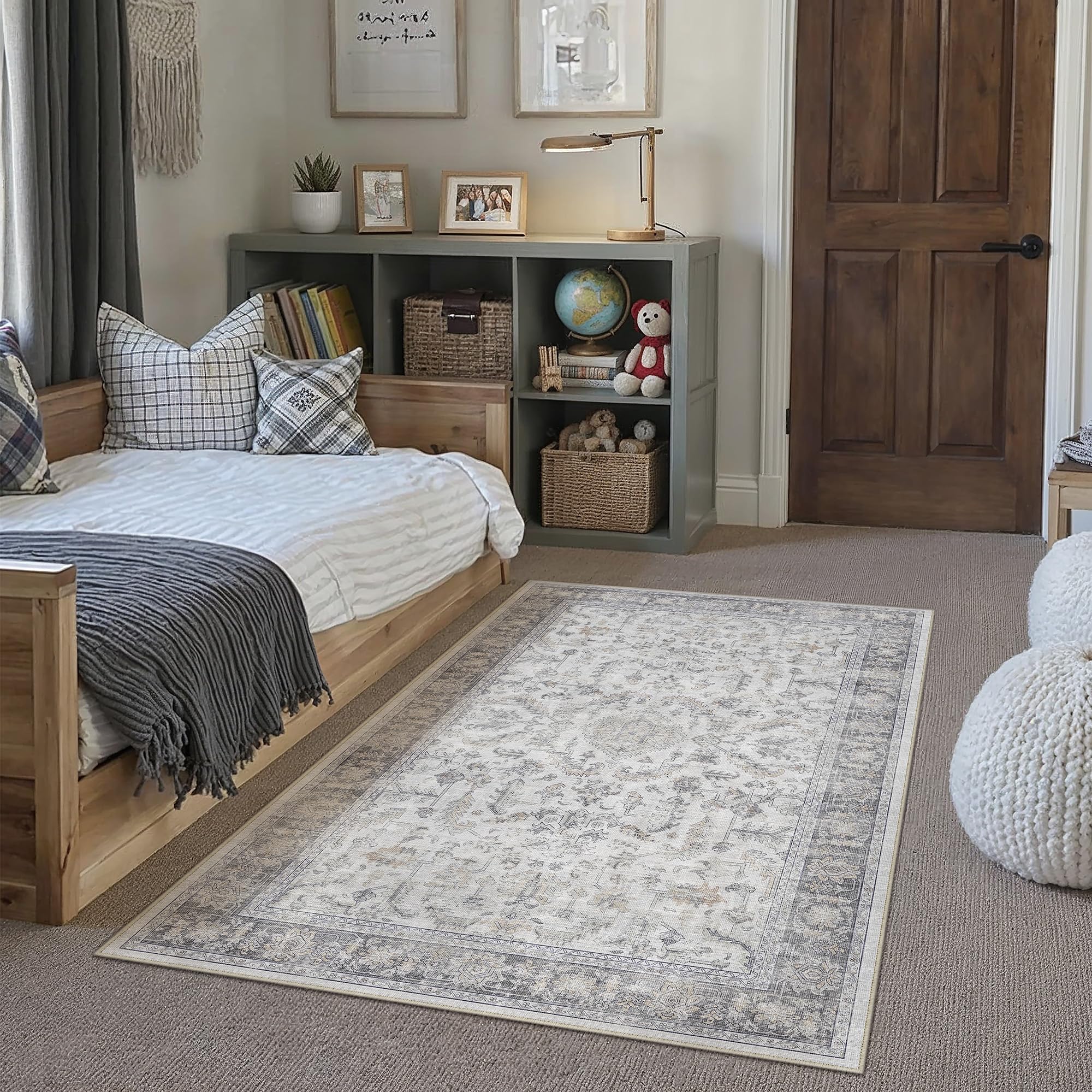 Photo 1 of PureCozy 3x5 Grey Entryway Rug Vintage Area Carpet Indoor Office Washable Door Mat Entrance Small Low Pile Traditional Distressed Retro Accent Throw Boho Rug Non Slip Kitchen Bathroom