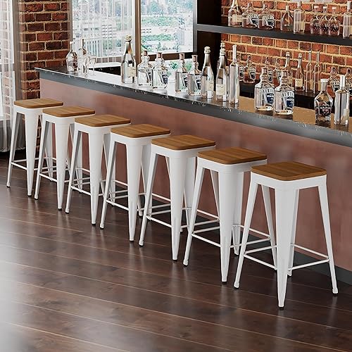 Miniatura 5 de POINTANT Juego de 4 taburetes de bar de metal, altura de mostrador, sillas de bar modernas de 30 pulgadas sin respaldo, taburetes de bar de madera,