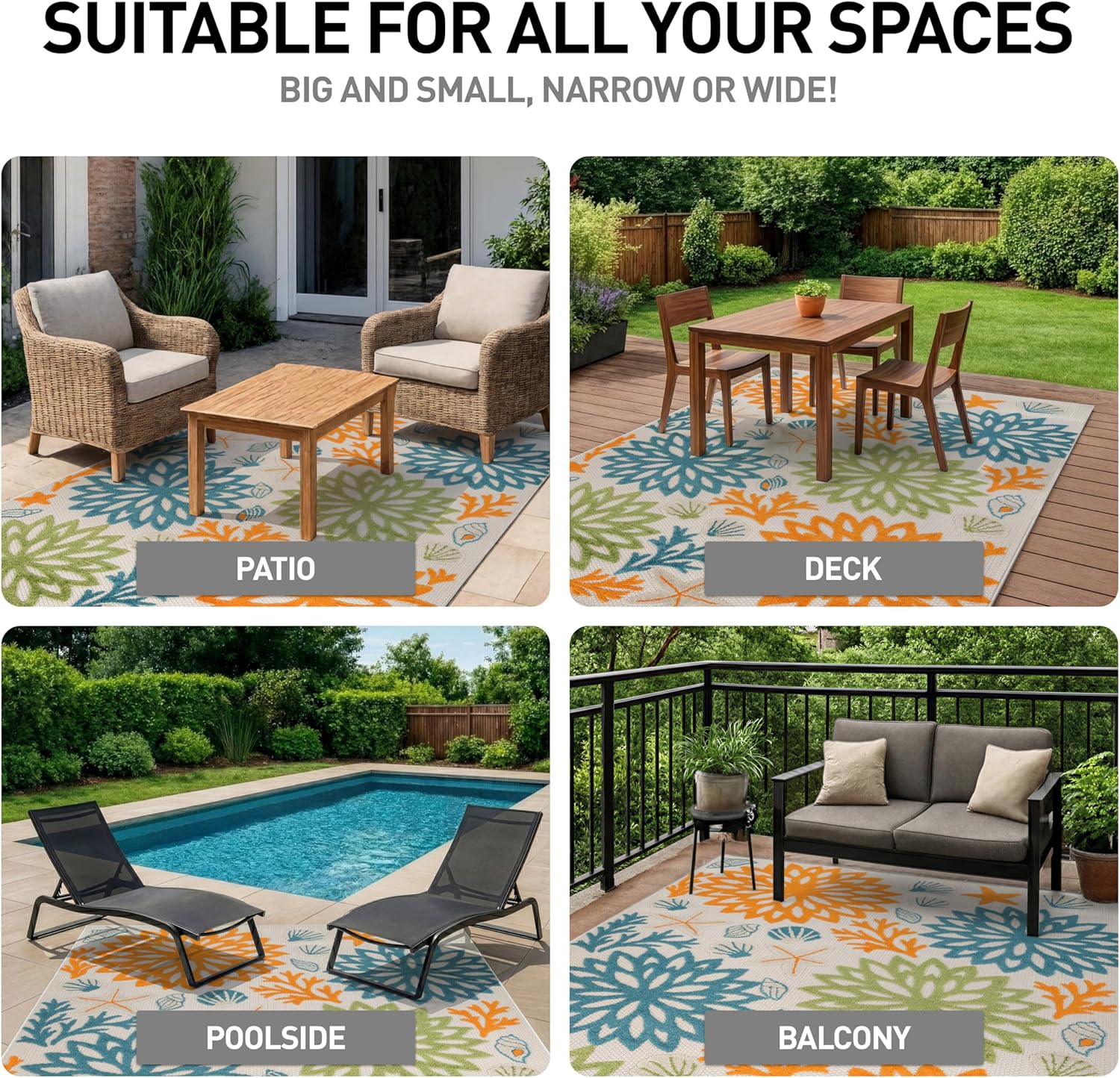 Rugshop Indoor/Outdoor High-Low Textured Area Rug, Coastal Floral, Easy-Clean Patio Rug for Porch Deck Balcony 6' 6" x 9' Multi